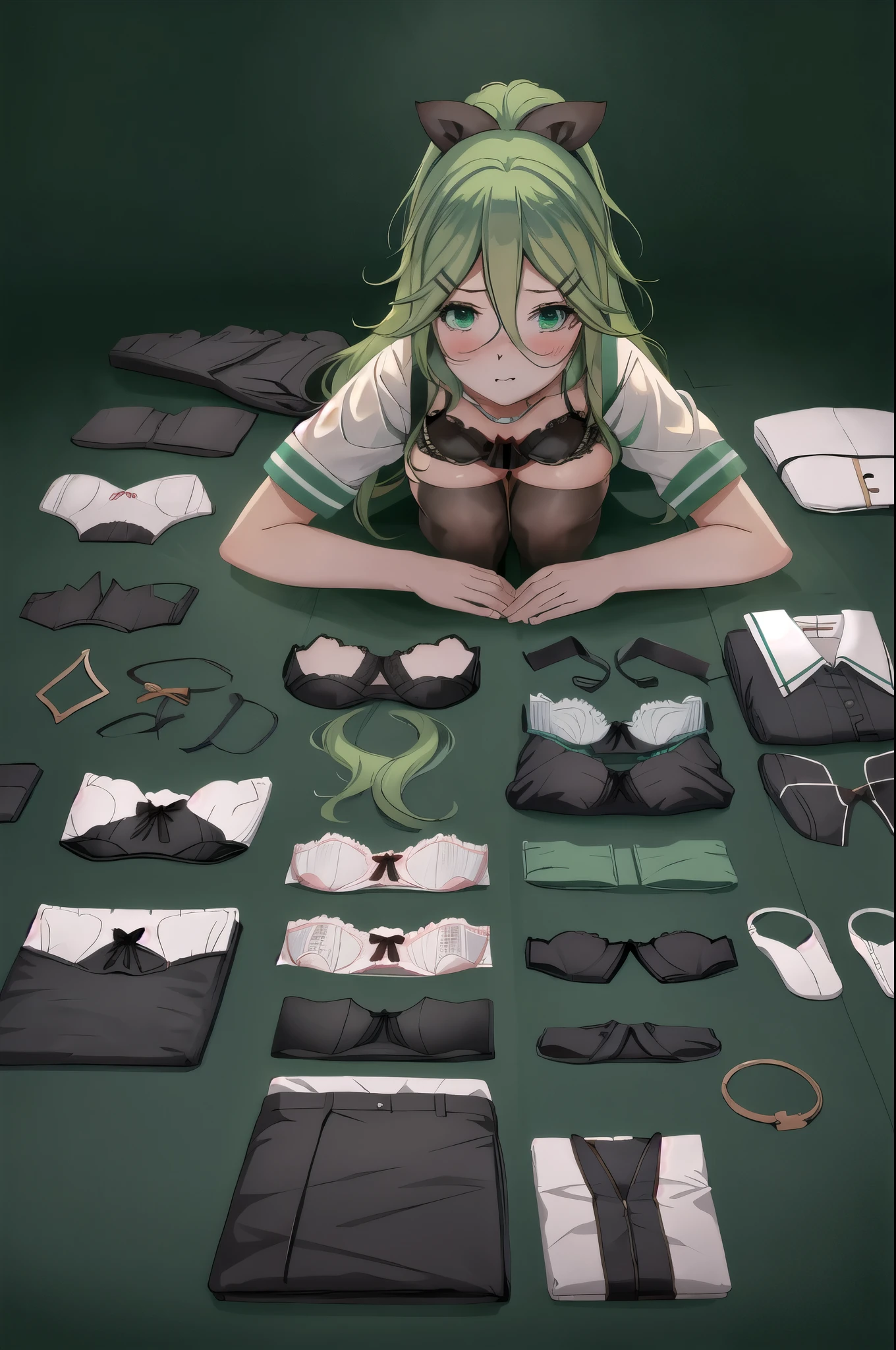 highest quality, masterpiece, High resolution, alone, {Yamakaze Kai 2_Fleet Collection:1.15}, green_hair, hair_between_eye, length_hair, hair_ornament, hairclip, ribbon, hair_ribbon, ponytail, black_ribbon, blush, green_eye, green_eye, 1 girl, School_uniform, simple_background, 教室background, (full body figure), (panties), (bra), flashy underwear