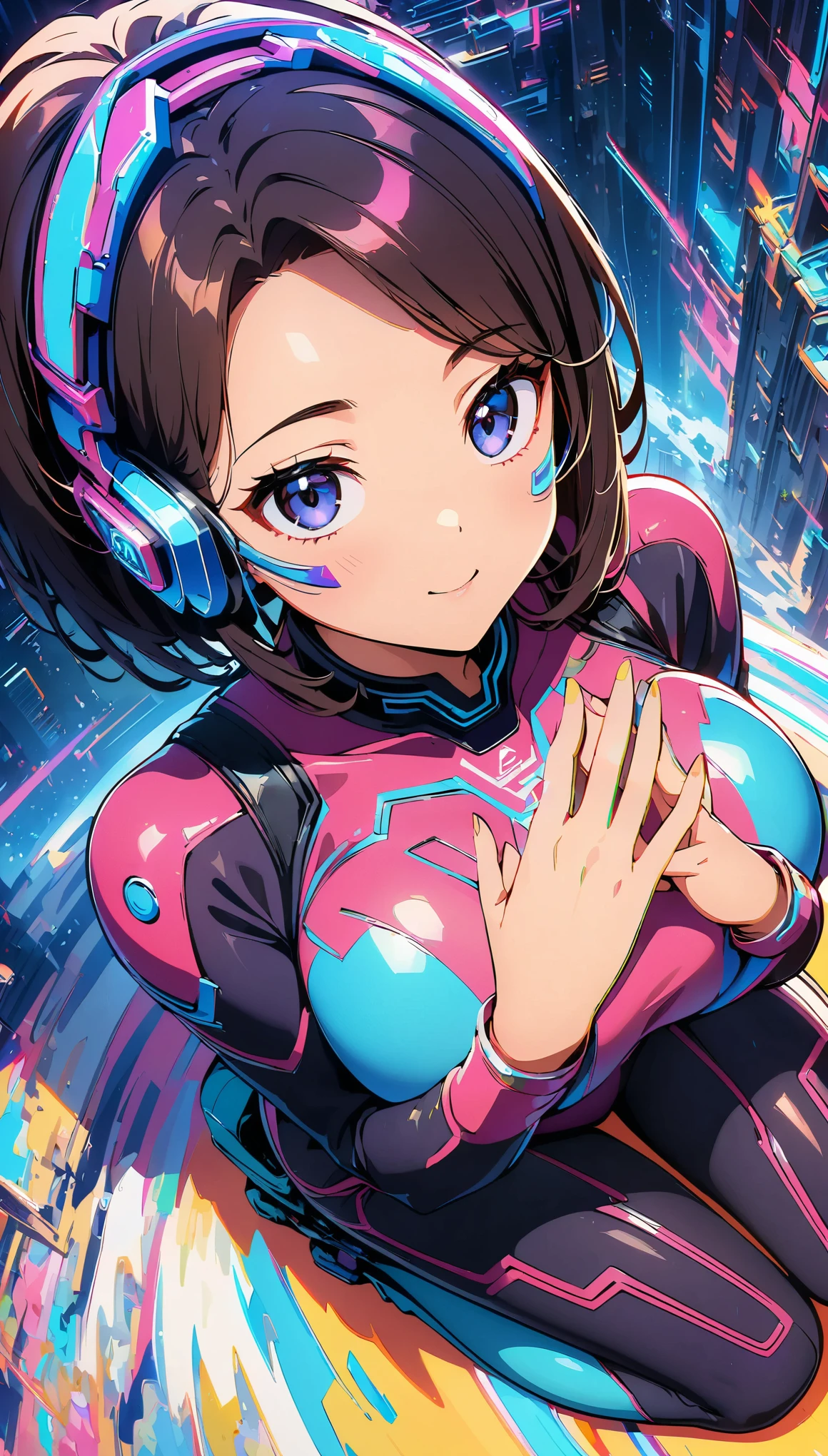 (anime artwork, anime style, studio anime, very detailed, up to date, vibrant, Anime Coloring, high contrast, masterpiece:1.2, best quality, best aesthetics), (1 girl), Color connections, colored, Vibrant color scheme, colorful, giga_busty, Kneeling: 1.2, ((Cyber Headset, mechanical bodysuit:1.2, cyberware:1.1)), Detailed Headset, upward glance, composition from above, sitting, purple bodysuit, perfect proportions, high detail skin, Cute, detailed faces, (Intricate detail on the hands, Intricate detailing on the fingers, 5 fingers on the hand), (futuristic background), (((chromatic aberration, abstract, colorfulな背景))),