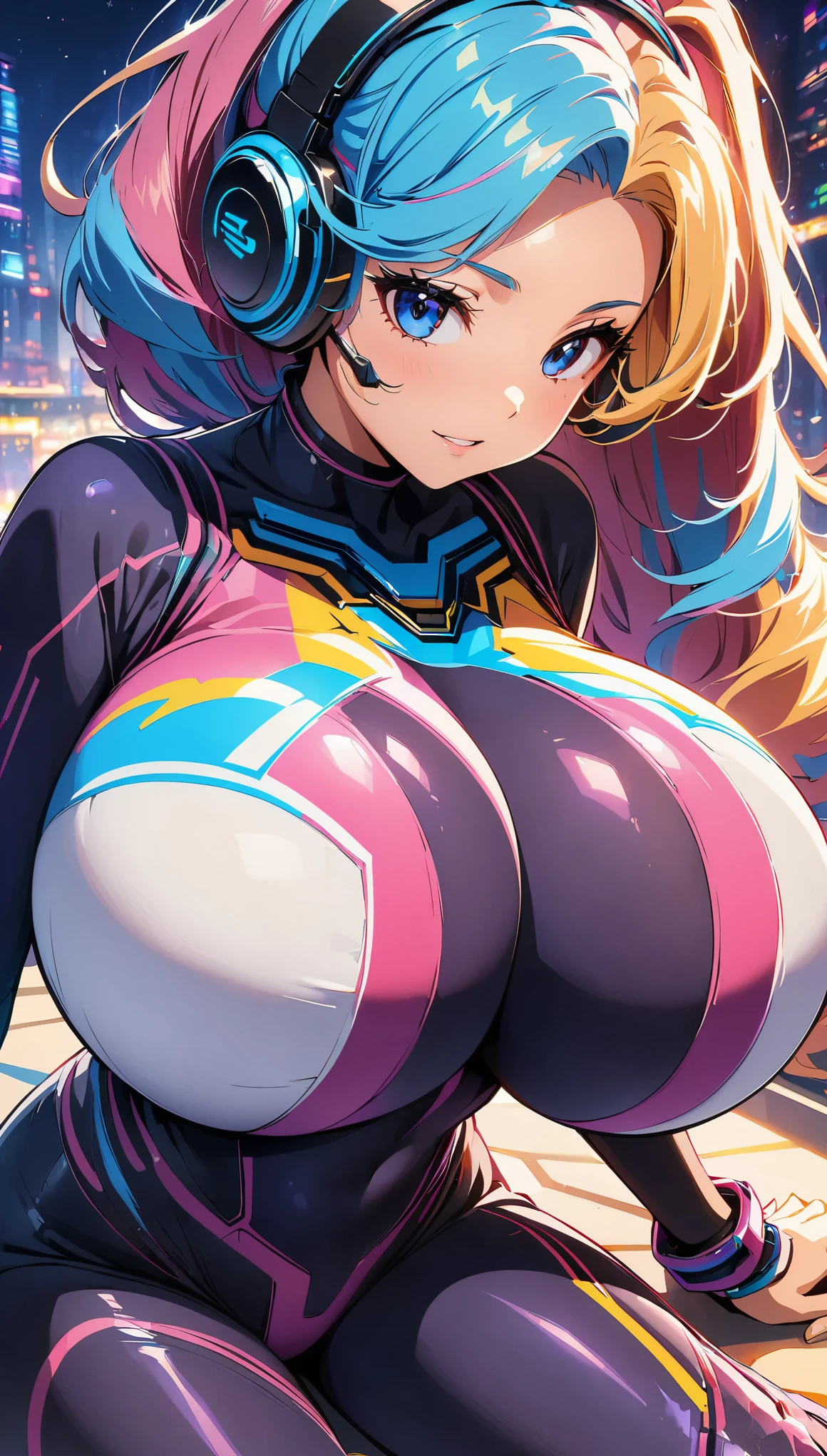 (anime artwork, anime style, studio anime, very detailed, up to date, vibrant, Anime Coloring, high contrast, masterpiece:1.2, best quality, best aesthetics), (1 girl), Color connections, colored, Vibrant color scheme, colorful, giga_busty, Kneeling: 1.2, ((Cyber Headset, mechanical bodysuit:1.2, cyberware:1.1)), Detailed Headset, upward glance, composition from above, sitting, purple bodysuit, perfect proportions, Very soft breast expression, very big breasts, high detail skin, Cute, detailed faces, (Intricate detail on the hands, Intricate detailing on the fingers, 5 fingers on the hand), (futuristic background), (((chromatic aberration, abstract, colorfulな背景))),