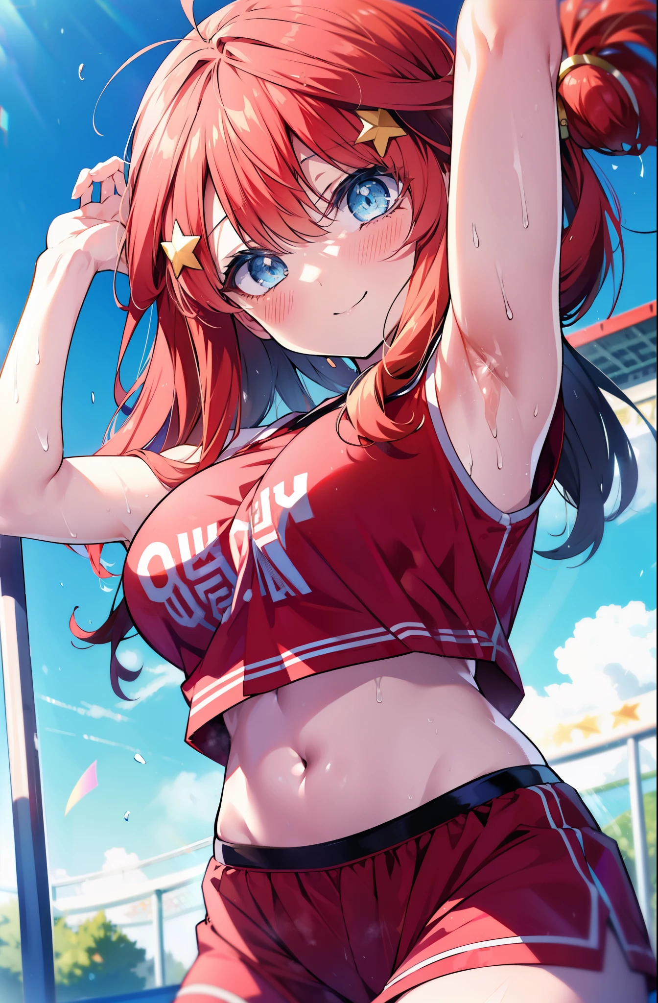 itsukinakano, itsuki nakano, bangs, blue eyes, hair between eyes, Ahoge, redhead, star \(symbol\), happy smile, smile, open your mouth,hair ornaments, star hair ornaments,(cheer leading), (whole body), big breasts, lower, (sweaty), sweaty Wet Clothes,()red clothes), , Navel support, playground, (jump), (jump), 足を曲げてjumpする, air, blue sky, Grass原, Smiling Cheerleader, pom pom \(cheer leading\), Grass, 
break outdoors, stadium,
break looking at viewer, (cowboy shot:1.5),
break (masterpiece:1.2), highest quality, High resolution, unity 8k wallpaper, (figure:0.8), (detailed and beautiful eyes:1.6), highly detailed face, perfect lighting, Very detailed CG, (perfect hands, perfect anatomy),