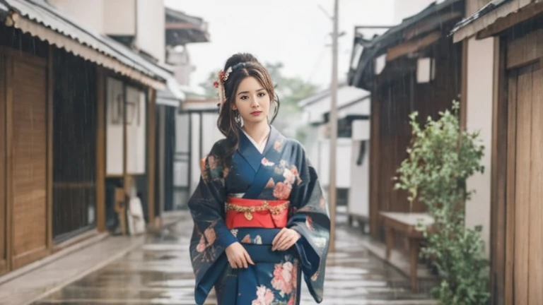 araffe dressed in traditional japanese dress walking in the rain, traditional geisha costume, elegant japanese woman, japanese kimono, japanese woman, japanese geisha, wearing a kimono, traditional japanese, wearing a kimono, Intricate Geisha Kimono, traditional japanese colors, wearing a haori, inspired by Itō Shinsui, hakama kimono