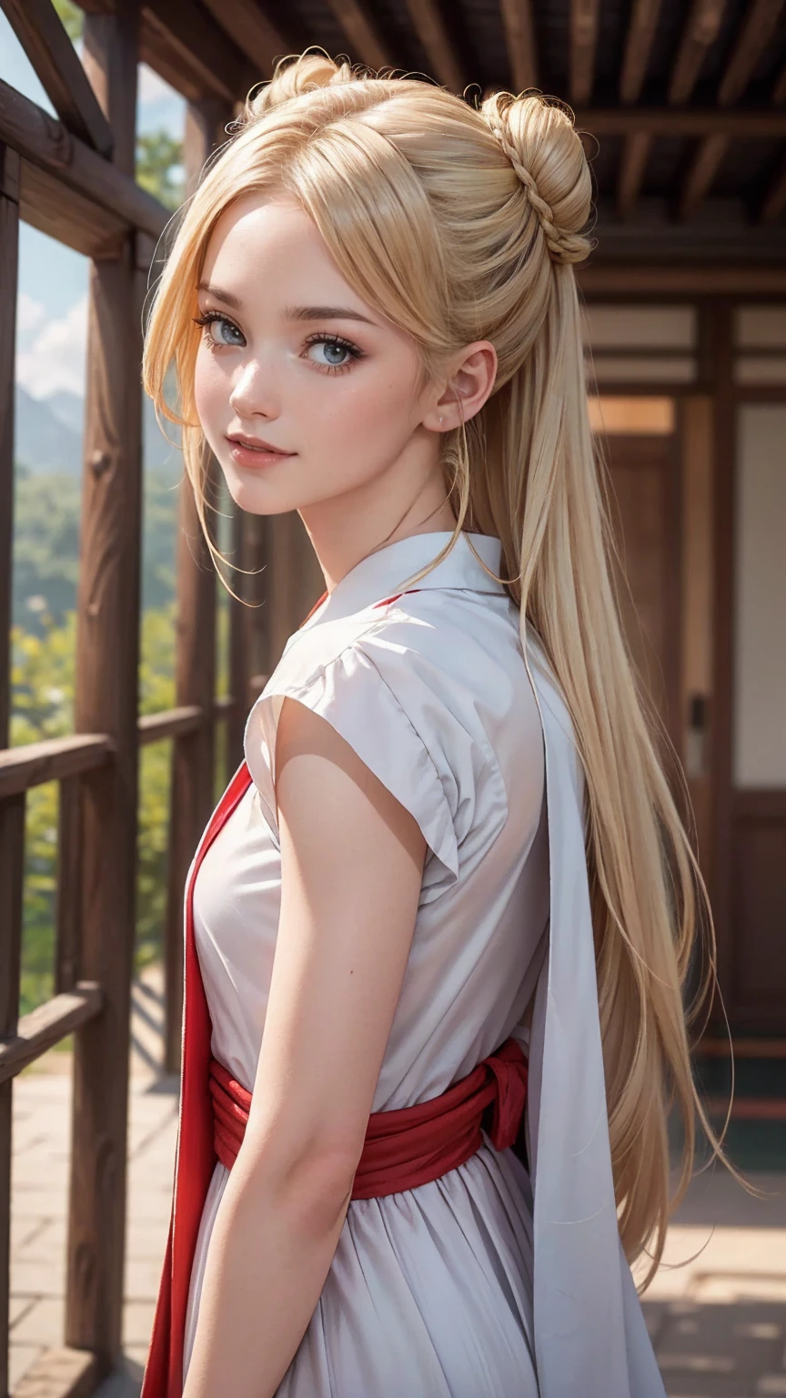 blonde hair, gradient hair, hair over shoulder, hair behind ear, longeyelashes, light smile, Surrealism, depth of field, atmospheric perspective, foreshortening, UHD, anatomically correct, highres, 16k、 ((最high quality, 8K, masterpiece: 1.3, Ultra HD, high quality, 最high quality, High resolution, realism)) 、(high color saturation:1.0), (highly detailed skin), (最high quality:1.0), (超High resolution:1.0) ,(realistic:1.0), (Super detailed:1.0), (8K, Raw photo:1.1), slender、Slender, muscular body that's toned like an athlete's、I don't want my head to disappear from the screen.、25 year old white woman、shiny hair、Her hair color is blonde.、blue eyes、long hair、hair above one eye、smile、On the approach to a Japanese shrine、She is a shrine maiden.、Sweeping the grounds with a bamboo broom、Grinning ((light smile))、side bun, 8k