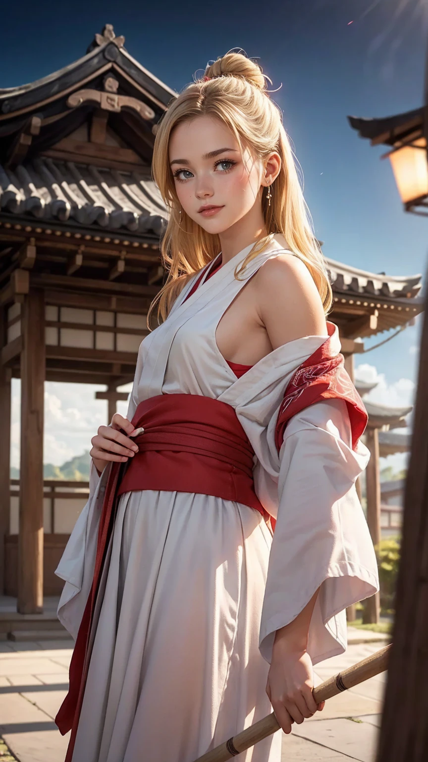 Beautiful girl, detailed blue eyes, detailed facial traits, inside a temple, open orange monk robe, long white hair, naked breasts