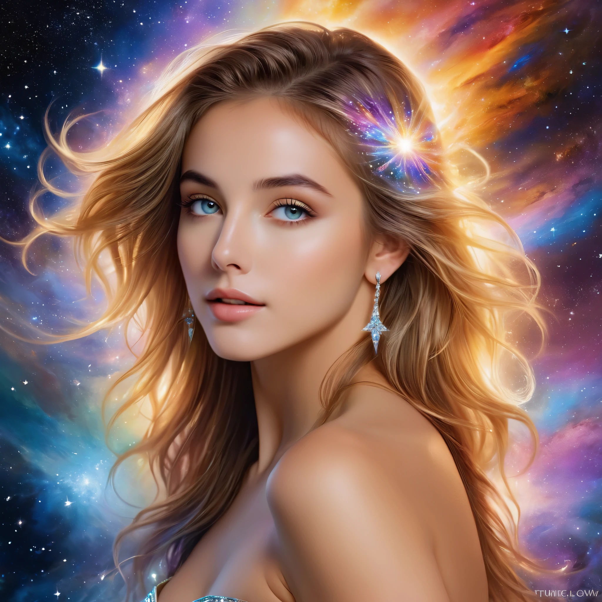 (Highest Quality,High Resolution,Masterpiece:1.2),Ultra-Detailed,(Realistic,Photorealistic,Photorealistic:1.37)(goddess of cosmic love:1.1,beautiful:1.1,astral body:1.1),divine goddess,celestial beauty,supernatural presence,spectacular cosmic entity,majestic celestial being,dazzling aura,ethereal radiance,transcendent elegance,(luminous energy:1.1),(immortal deity:1.2),heavenly grace,mystical attire,serene expression,golden hair flowing,(shimmering eyes:1.1),(ethereal beauty:1.1),magnificent celestial realm,divine love and compassion,colorful nebulae dancing in the background,glowing stardust particles floating around her,galaxies swirling around her as her divine power expands,infinite space stretching far beyond the horizon,hint of magic(twinkle of magic:1.1),cosmic rays bathing the scene in a celestial glow,(vibrant hues:1.1),(cosmic colors:1.1),soothing color palette,evoking feelings of peace and tranquility,majestic divine presence that fills the whole universe,magical atmosphere,(delicate details:1.1),fine brushstrokes creating intricate patterns,(ethereal strokes:1.1),(dreamlike strokes:1.1),highly detailed rendering of her celestial features,subtle gradients giving depth to the image,meticulously crafted textures that bring her to life,impeccably realistic portrayal,(impressive definition:1.1),(stunning realism:1.1),immaculate attention to detail as every strand of hair is visible,(impeccable photorealism:1.1),(ultra-detailed illustration:1.1),(masterpiece of art:1.1),perfectly composed composition with balanced lighting and shadows,soft yet vibrant illumination highlighting her divine beauty,magical glow emanating from her celestial body,subtle highlights and shadows adding depth and dimension,(sublime luminosity:1.1),(ethereal lighting:1.1),(radiant glow:1.1),(harmonious lighting:1.1)