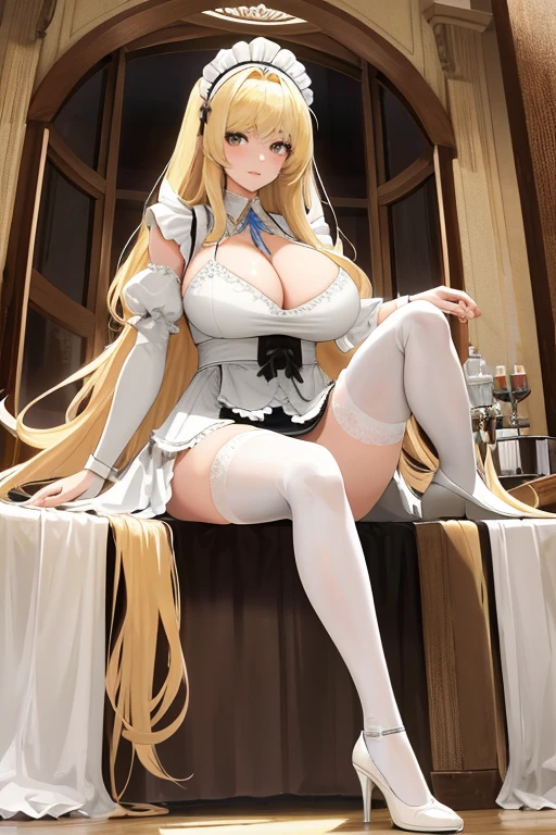 A woman,long blonde hair,Qi bangs,Twenties,sexy,Wear a maid headdress,Wear a white bikini,white high heels,huge breasts,Stand with your legs apart