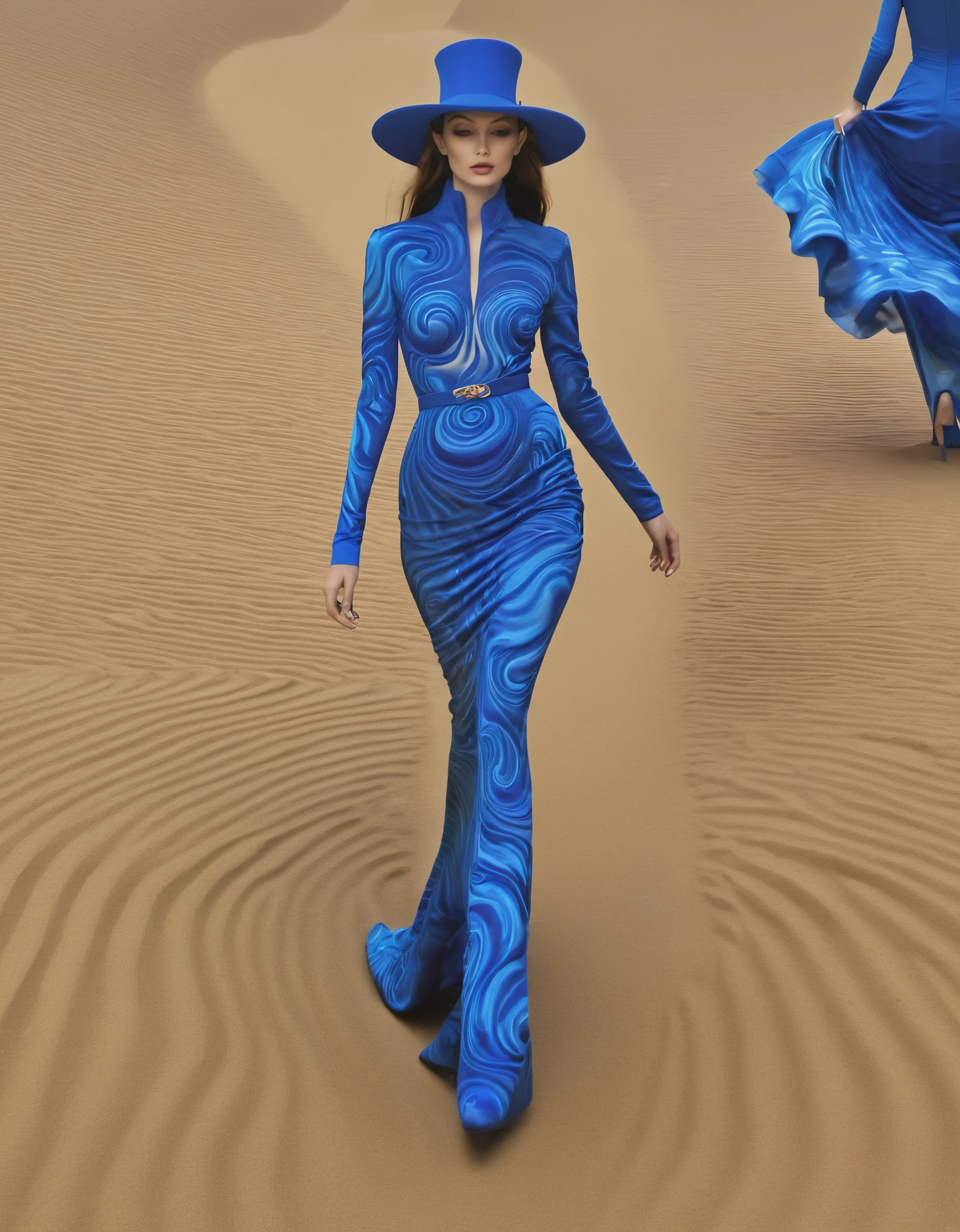 in style of Alex Grey,(Photos of female models walking the runway in sapphire blue ocean high class boutique）,high class boutique, witch clothes，Paris fashion show scene，Catwalk scene，（Full body female love：1.37）.Beautiful shoe background：The stepped stage is covered with fine sand，Jupiter，Recife，Sand and foam, dust rising，Blue swirls swirl like bubbles, Ridiculously long hair, long eyelashes, bright pupils, , Ray tracing, divine light, ultra high definition, The anatomy of a masterpiece is correct, textured