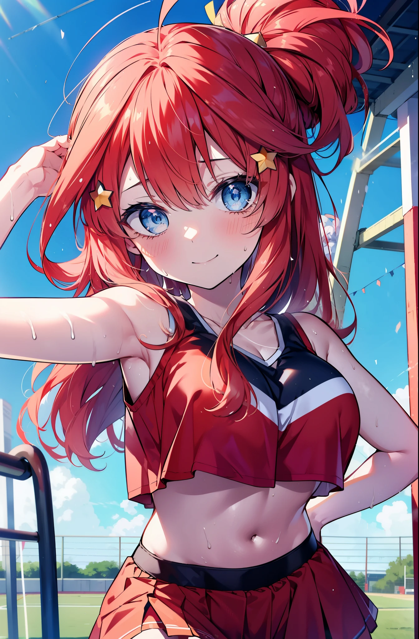 itsukinakano, itsuki nakano, bangs, blue eyes, hair between eyes, Ahoge, redhead, star \(symbol\), happy smile, smile, open your mouth,hair ornaments, star hair ornaments,(cheer leading), (whole body), big breasts, lower, (sweaty), sweaty Wet Clothes,()red clothes), , Navel support, playground, (jump), (jump), 足を曲げてjumpする, air, blue sky, Grass原, Smiling Cheerleader, pom pom \(cheer leading\), Grass, 
break outdoors, stadium,
break looking at viewer, (cowboy shot:1.5),
break (masterpiece:1.2), highest quality, High resolution, unity 8k wallpaper, (figure:0.8), (detailed and beautiful eyes:1.6), highly detailed face, perfect lighting, Very detailed CG, (perfect hands, perfect anatomy),