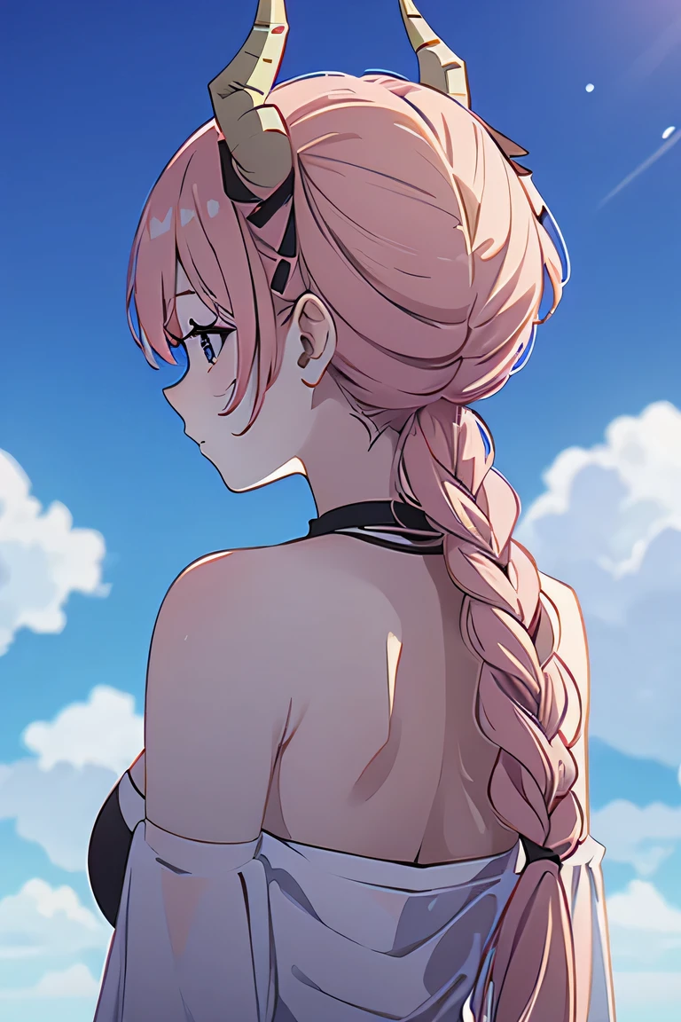 Masterpiece, Top Quality, High Resolution, Alone, Back turned (with "Popular" written on her back),1 demon girl (pink braided hair, 2 horns, cute jet-black eyes, surprised expression), blue sky on background