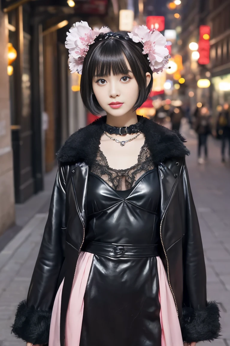 (((masterpiece, highest quality, Super detailed))), 1 female, (((very thin body))) , (((length, thin legs))), (((Very short black hair, thick and fluffy bangs ))), (((highly detailed face))), cosmetics free, small and thin nose, small thin mouth, (((Very sharp focused eyes))), Japanese, beautiful face, (lifelike face), beautiful hairstyle, realistic eyes, fine and beautiful eyes, (real looking skin), beautiful skin, charm, Photo shoot that recreates Tim Burton'world view、The mysterious pink costume is also one of the highlights..。Victorian style pink dress and suit、Design with gothic elements.。Accessories include leather items and studs.、chain is important。model'You can also create a spooky and unique hairstyle..。High image quality、Capturing every detail clearly、,、Use a bright and vibrant color palette。As background:、Carefully selected mysterious and strange cityscapes and fantastical locations that appear in nighttime works.、Create images with weeping cherry blossoms and Tim Burton-esque dark shadows and strange details。.。