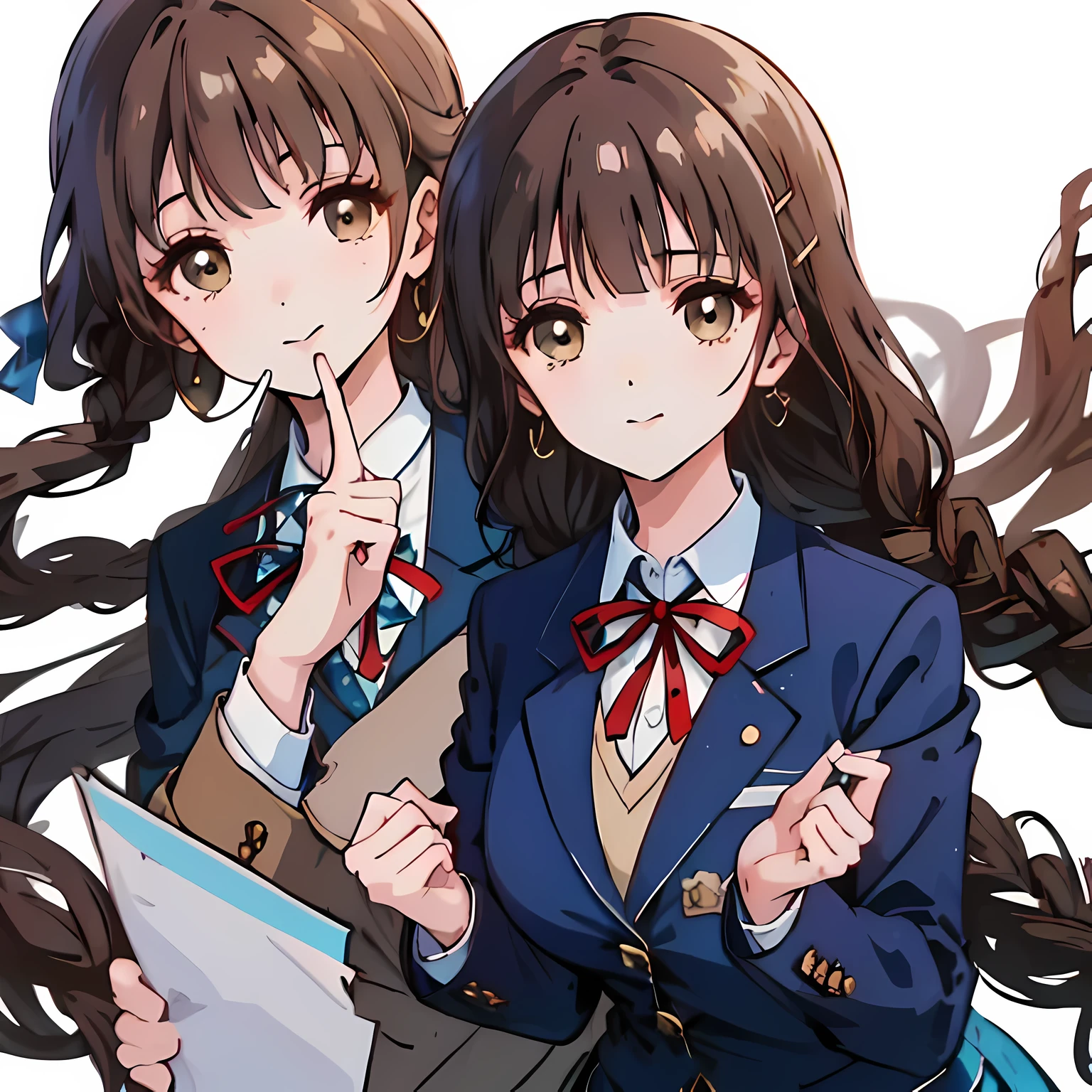 highest quality, (masterpiece:1.2), High resolution, perfect pixel, Fractal art depicting sirens, 16 years old, (((big very detailed beautiful dark brown eyes))), ((girly large wine-red glossy polyester Japanese school ribbon bow tie)), ((((very beautiful long straight straight hair)))), ((((dark blue & deep navy colored tartan checkered formal skirt)))), ((A formal dark blue blazer that is slightly oversized and has an emblem on the left chest.)), Very fun, the skirt is so cute, detailed fingers, modest chest, ((curled bangs)), ((Lip balm)), so beautiful, long eyelashes, (((Covering your mouth with your hands))), ((Showing viewers the beauty of straight hair)), ((very big girly hair ribbons)), ((Impressive and very beautiful eyes)), double eyelids, Lovely heart-shaped golden earrings, very kind face