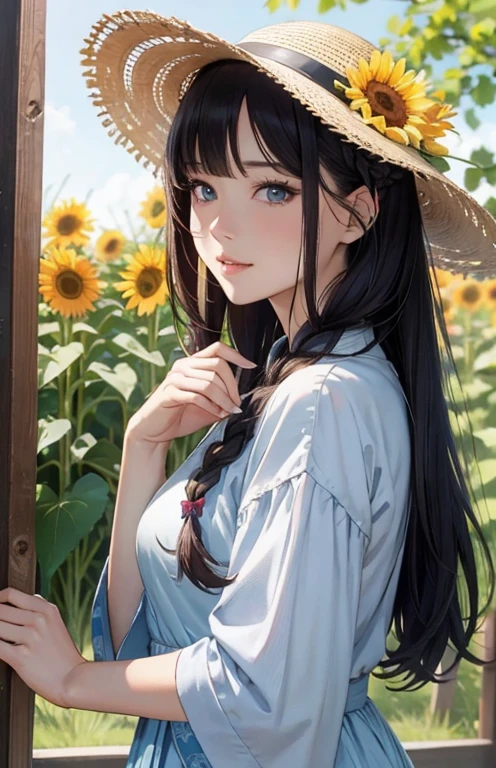 masterpiece、highest quality、High resolution、high quality images、8K, 1 female、skin luster、Texture of skin and clothing、Expression of fine eyes、shiny silver hair,Girl with long braided hair, Manga inspired by Lee Jong-suk, trending on deviantart, realism, detailed manga style, manga art style, perfect line drawing, beautiful line drawing, digital manga art girl, K-POPアイドル, dress, beautiful light blue eyes, plump lips, detailed gorgeous face, (cute smile), charm, innocent, Side view, (perfectly detailed face), (fine hands) photorealistic images, Depth of written boundary, braid hairstyle, sunflower， straw hat,yukata,wonderful flower garden，美しいsunflower，romanticism,