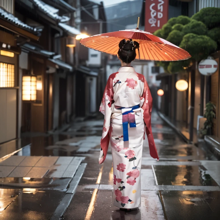 A fifty-year-old man in a kimono walking in the rain with an umbrella, japanese geisha, japanese woman, geisha, traditional geisha clothing, elegant japanese woman, Japanese style, japanese kimono, skilled geisha of the japanese, Japanese style, standing in the rain, traditional japanese, beauty geisha, traditional japanese colors, inspired by Itō Shinsui