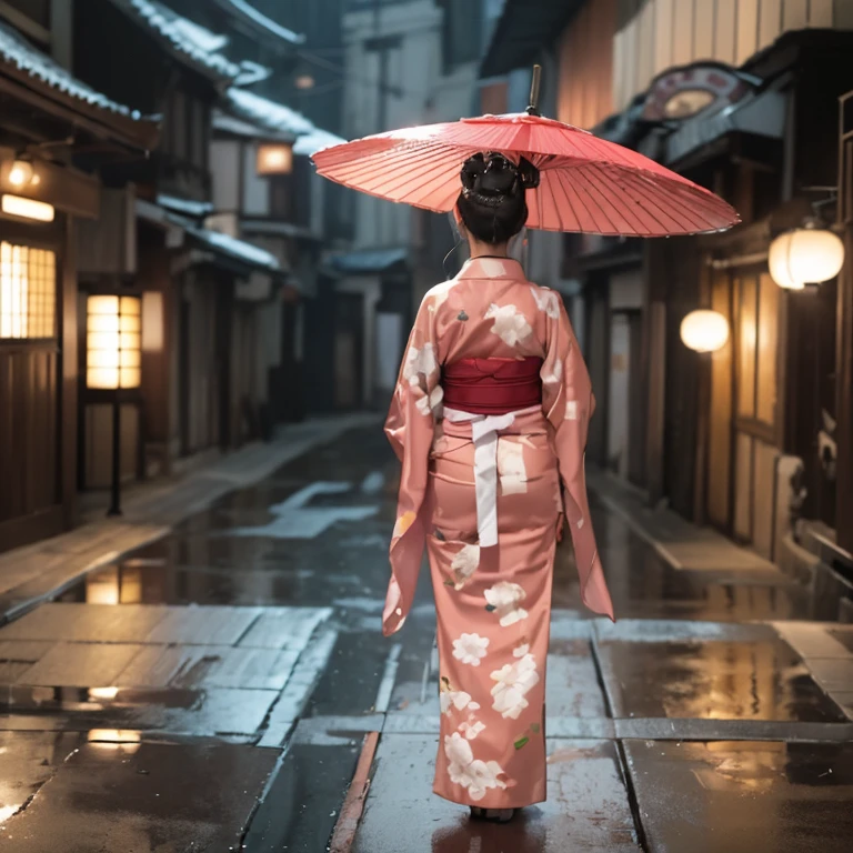 A fifty-year-old man in a kimono walking in the rain with an umbrella, japanese geisha, japanese woman, geisha, traditional geisha clothing, elegant japanese woman, Japanese style, japanese kimono, skilled geisha of the japanese, Japanese style, standing in the rain, traditional japanese, beauty geisha, traditional japanese colors, inspired by Itō Shinsui