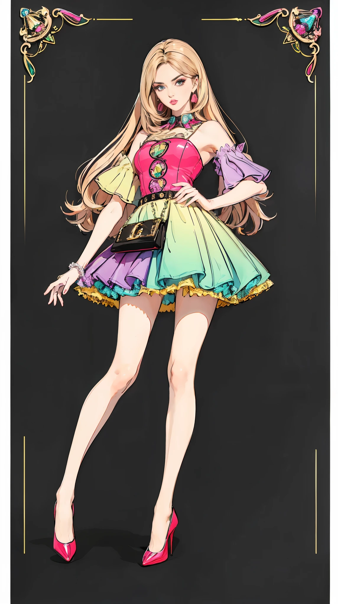 ((best quality,4k,highres,masterpiece:1.2)),((character concept art)), 1 female, age 18. Known for her Barbie-like looks and innovative designs, Lily embodies the role of a young and vibrant fashion designer. Her body language is as captivating as her personality, always exuding confidence and creativity. (((She's wearing a vibrant Moschino Couture Mini Dress, paired with colorful Christian Louboutin So Kate Pumps.))) Her accessories include a playful Chanel Rainbow Boy Bag, a pair of oversized Gucci Crystal Embellished Sunglasses, and a set of stacked rainbow bangles, enhancing her overall look. ((intricate detail)), super finely detailed hands, ultra finely detailed fingers(((ten fingers))), (standing confidently), (full body showcase), (show full body), (no logos on background), (no logo), ((plain background)), ((plain background)), (((empty background))).