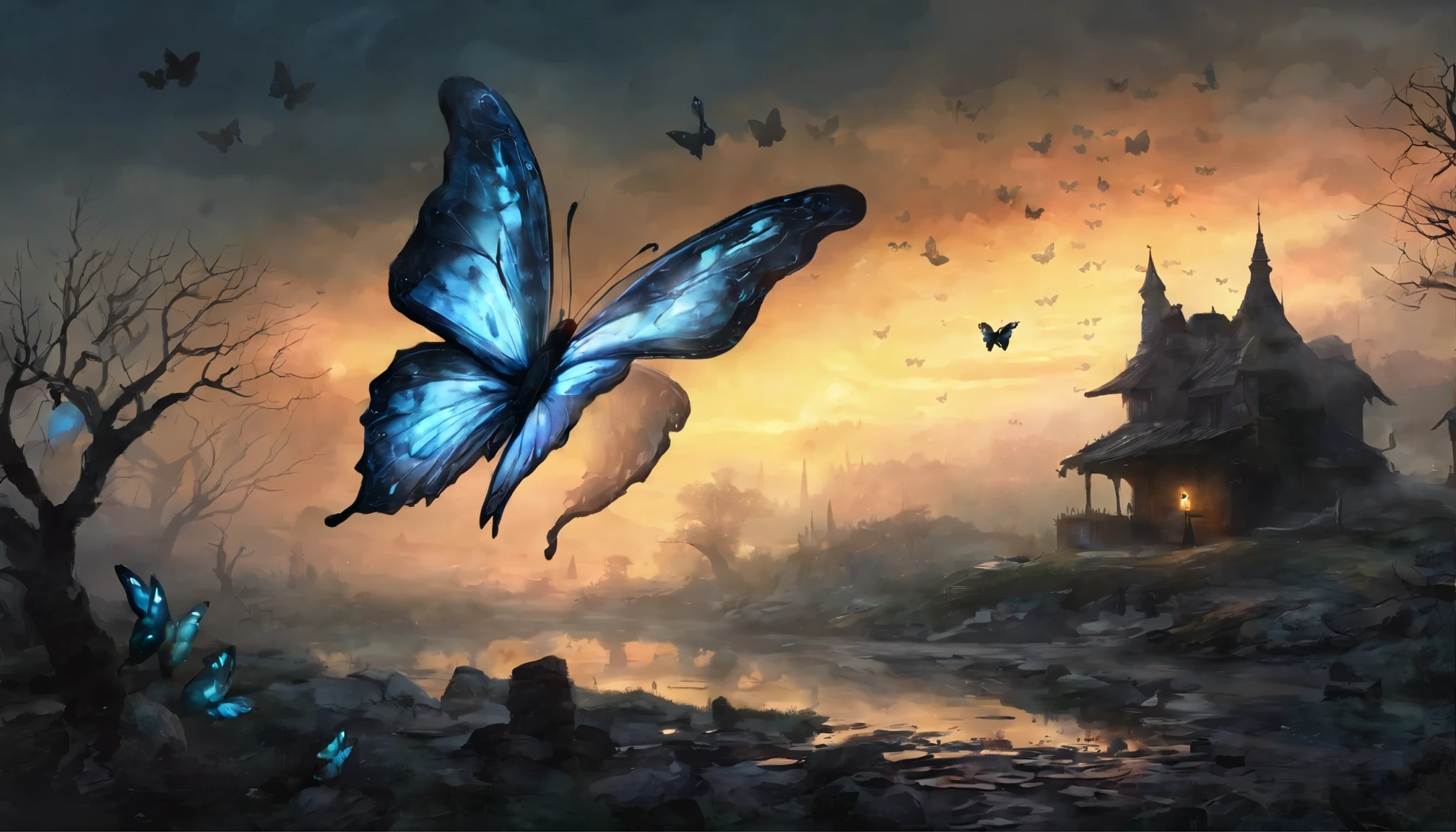 (butterfly:1.5),(butterfly theme:1.5),(dark horror theme:1.5),(thriller:1.5),(inspiration from Stephen King:1.5),(dark fantasy:1.5), (ink and watercolor painting:1.5), (black and white color:1.5), 8k, 4k, (landscapes:1.5),(A large number of butterflies fly towards the viewer:1.5),(ruined:1.5),(ruined village:1.5),(1800s:1.5), (ruined theme:1.5),(lots of flying butterflies:1.5),(puddle:1.5),(Unpaved roads:1.5),(absurderes:1.5),(fantastic:1.5),(best quality:1.5),(masterpiece:1.5),full body length,niobium Manganite babygirl plays with doll,pretty face,eyebrow up,full body shot,ominous landscape,Fluorite Wulfenite atmosphere,by art Simon Stalenhag,Nicola Samori,(((Wangechi Mutu))),prime colors,urban,extremely detailed,masterpiece,intricate details,faded,eyes extremely detailed, high detailed eyes,4k resolution,RAW, Nikon Z9,scary town,full body length,evil ghost, Winnie-the-Pooh Iridescent,intricate details,,orc,Stone Forest in Yunnan Province of China,best quality, ultra-detailed, realistic, portraits, dark and eerie atmosphere, glowing eyes, ethereal presence, hauntingly beautiful, ghostly figures, swirling mists, supernatural entities, demonic essence, shadowy forms, eerie whispers, sinister aura, hauntingly pale skin, dark and twisted branches, flickering candlelight, macabre elements, mysterious and enigmatic, spectral apparitions, gothic art style, hauntingly captivating, spectral realm, hauntingly melancholic, otherworldly beauty, ethereal glow, hauntingly haunting, chilling and atmospheric, eerie and ominous lighting.
