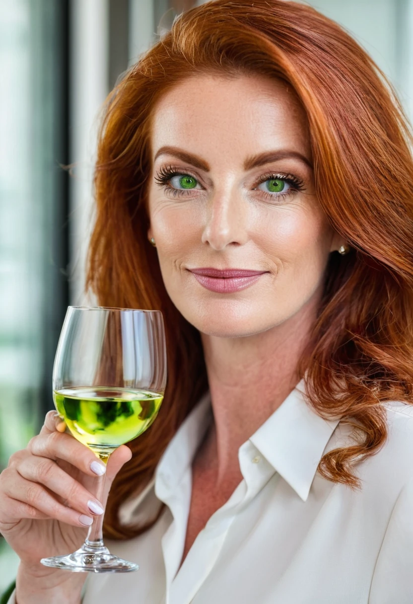 [CEO DE EMPRESA] Alto  (Branco) Redhead with green eyes holding a glass of wine 