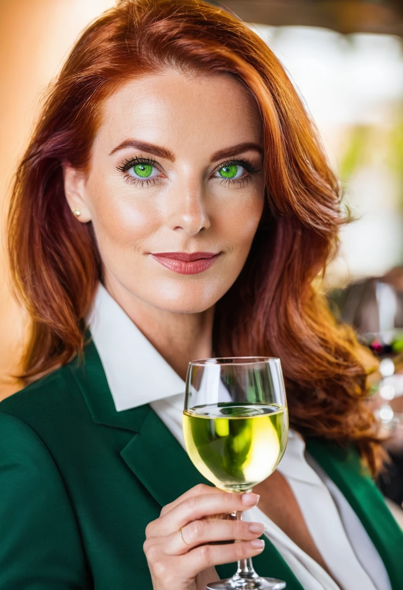 [CEO DE EMPRESA] Alto  (Branco) Redhead with green eyes holding a glass of wine 