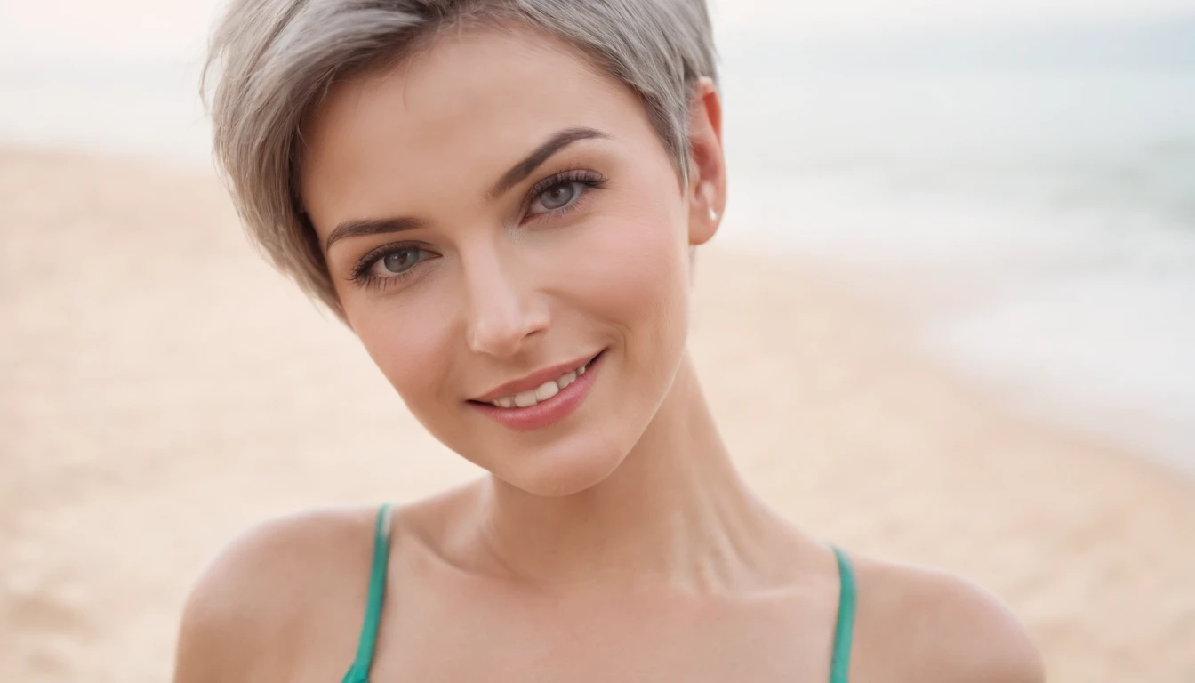 A sexy G-cup beauty with a short grey haircut, heterochromia and a lovely smile. A nice body that looks good in a sexy bikini.