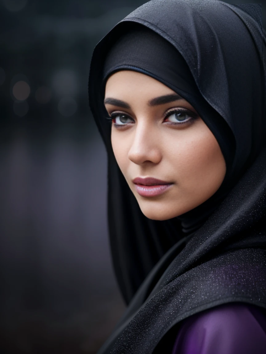 closeup of a woman's face in a black hijab, light violet eyes, raindrops, windy and rainy and stormy weather. Purple hazy bokeh acrylic paint background with palette knife strokes. Dark fantasy. pasta. abstract expressionism, 8k UHD resolution, v4 aperture