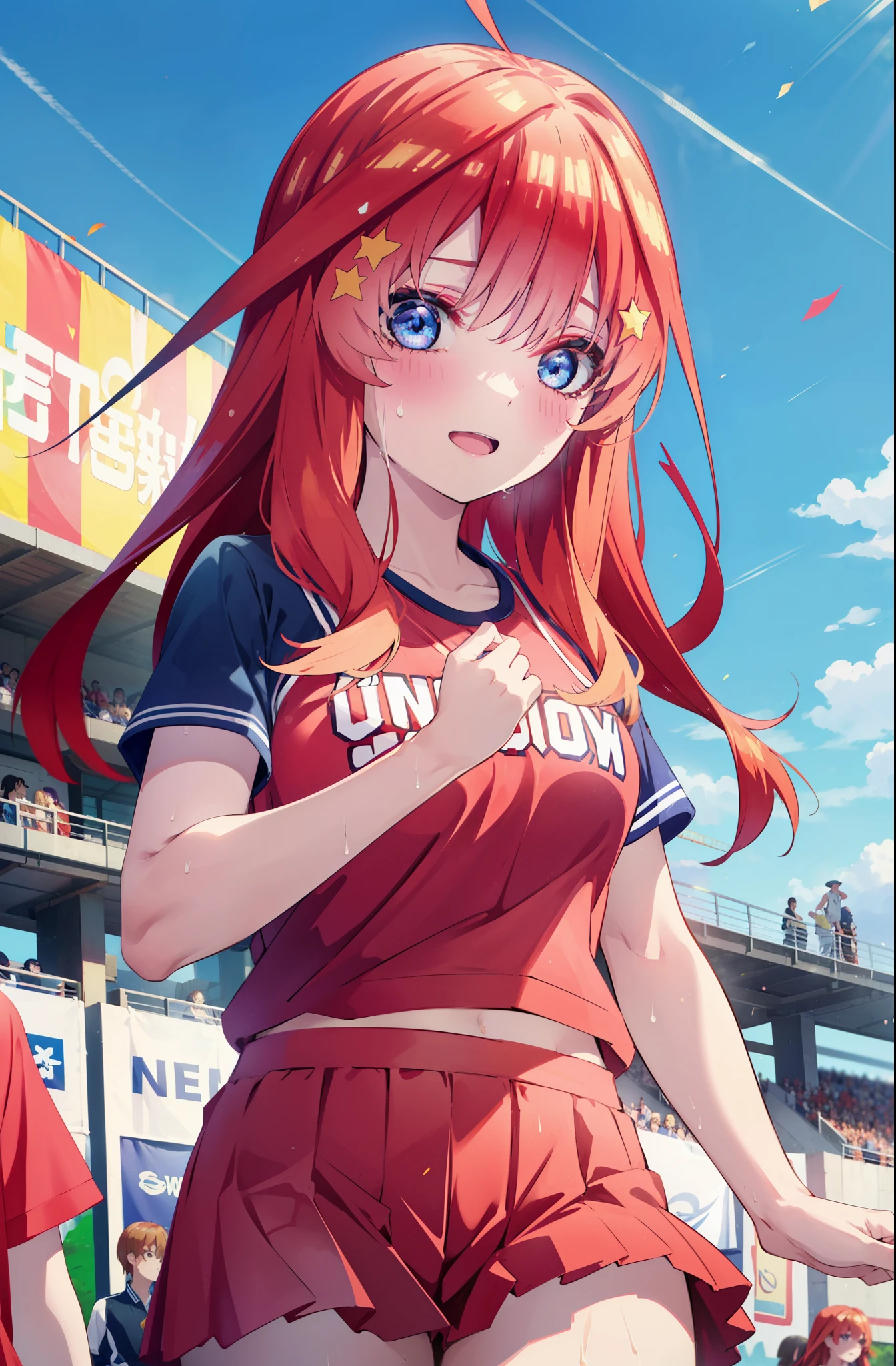 itsukinakano, itsuki nakano, bangs, blue eyes, hair between eyes, Ahoge, redhead, star \(symbol\), happy smile, smile, open your mouth,hair ornaments, star hair ornaments,(cheer leading), (whole body), big breasts, lower, (sweaty), sweaty Wet Clothes,()red clothes), , Navel support, playground, (jump), (jump), 足を曲げてjumpする, air, blue sky, Grass原, Smiling Cheerleader, pom pom \(cheer leading\), Grass,
break outdoors, stadium,
break looking at viewer, (cowboy shot:1.5),
break (masterpiece:1.2), highest quality, High resolution, unity 8k wallpaper, (figure:0.8), (detailed and beautiful eyes:1.6), highly detailed face, perfect lighting, Very detailed CG, (perfect hands, perfect anatomy),