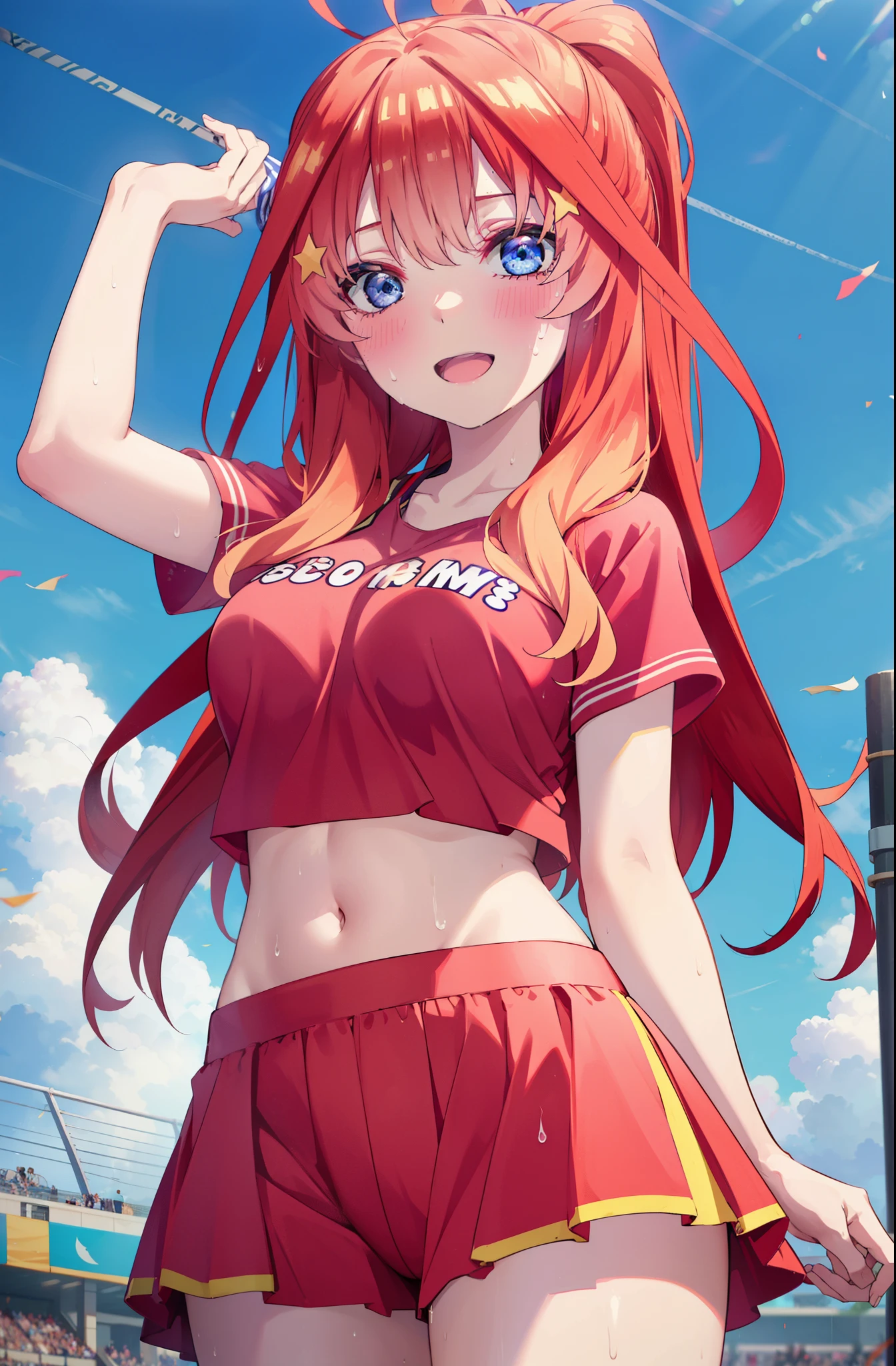 itsukinakano, itsuki nakano, bangs, blue eyes, hair between eyes, Ahoge, redhead, star \(symbol\), happy smile, smile, open your mouth,hair ornaments, star hair ornaments,(cheer leading), (whole body), big breasts, lower, (sweaty), sweaty Wet Clothes,()red clothes), , Navel support, playground, (jump), (jump), 足を曲げてjumpする, air, blue sky, Grass原, Smiling Cheerleader, pom pom \(cheer leading\), Grass,
break outdoors, stadium,
break looking at viewer, (cowboy shot:1.5),
break (masterpiece:1.2), highest quality, High resolution, unity 8k wallpaper, (figure:0.8), (detailed and beautiful eyes:1.6), highly detailed face, perfect lighting, Very detailed CG, (perfect hands, perfect anatomy),