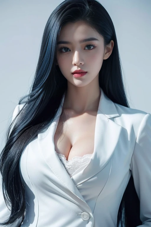 tmasterpiece,Best quality,A high resolution,8K,(sportrait),(avatar close up),(RAW photos),real photograph,digital photography,(Female president),( Professional women),20 year old girl,random hair style,red eyelack and blue gradient hair),Serious and obsessed,Cleavage, accessories,Keep your mouth shut,elegant and charming,Serious and arrogant,Calm and handsome,(White women&#39;s business attire),Photo pose,Realisticstyle,gray world background,oc render reflection texture