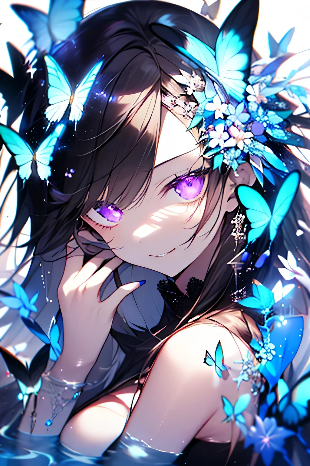 a color, Hitch, (1girll, Solo:1.4), (Butterflies:1.2), (Blue flowers), Looking_at_peeping at the viewer, partly_submerged, hand_On_has cleavage_face, Topless, (brown_Hair, Very_Long_Hair, bangs:1.2), Hair_flower, (Glowing_purple_Eyes), Smirking, Ripples, purple scarf, Dark water, (Surreal:1.3), (color difference), Black background, (prisms), glitters, holograph, crystallic