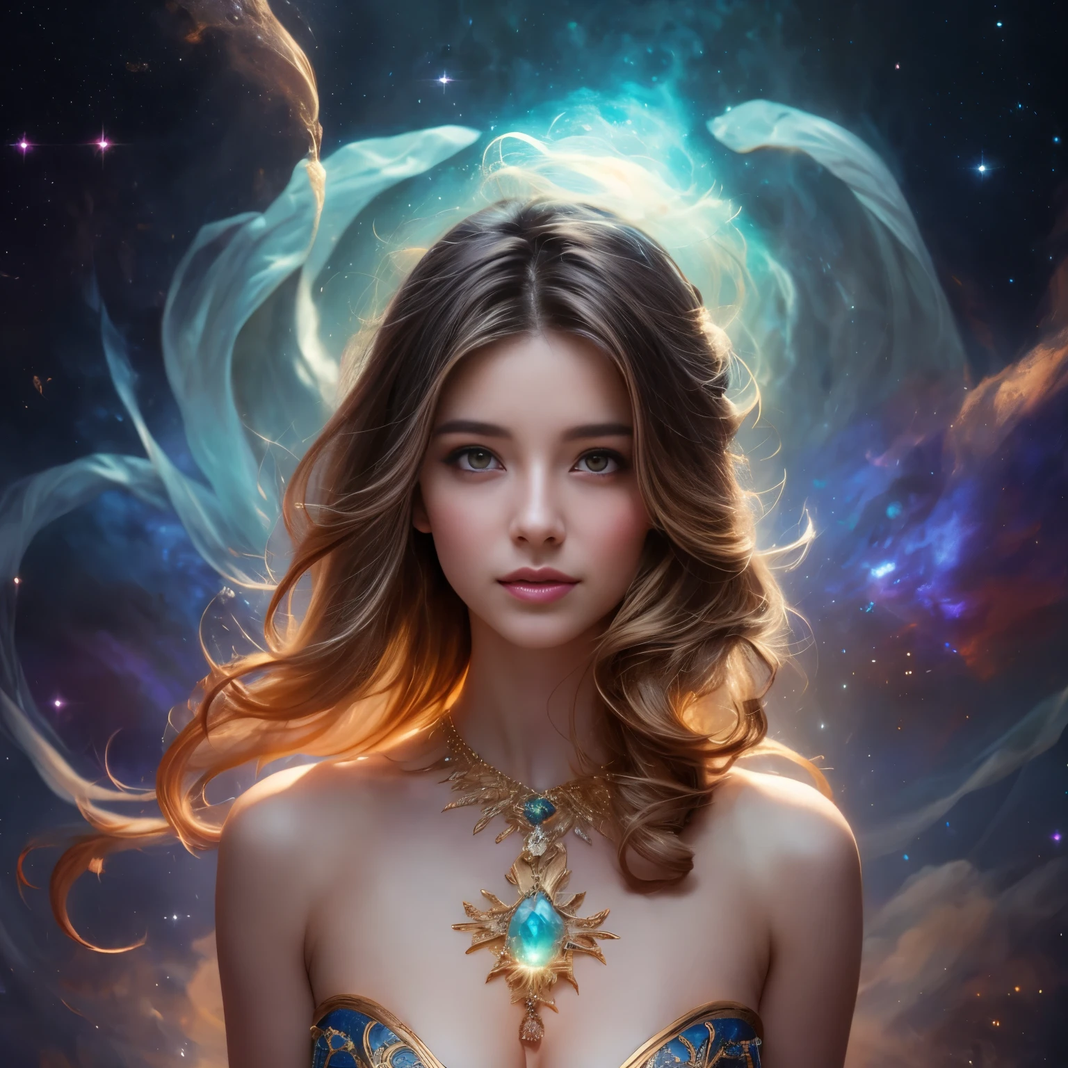 (Highest Quality,High Resolution,Masterpiece:1.2),Ultra-Detailed,(Realistic,Photorealistic,Photorealistic:1.37)(goddess of cosmic love:1.1,beautiful:1.1,astral body:1.1),divine goddess,celestial beauty,supernatural presence,spectacular cosmic entity,majestic celestial being,dazzling aura,ethereal radiance,transcendent elegance,(luminous energy:1.1),(immortal deity:1.2),heavenly grace,mystical attire,serene expression,golden hair flowing,(shimmering eyes:1.1),(ethereal beauty:1.1),magnificent celestial realm,divine love and compassion,colorful nebulae dancing in the background,glowing stardust particles floating around her,galaxies swirling around her as her divine power expands,infinite space stretching far beyond the horizon,hint of magic(twinkle of magic:1.1),cosmic rays bathing the scene in a celestial glow,(vibrant hues:1.1),(cosmic colors:1.1),soothing color palette,evoking feelings of peace and tranquility,majestic divine presence that fills the whole universe,magical atmosphere,(delicate details:1.1),fine brushstrokes creating intricate patterns,(ethereal strokes:1.1),(dreamlike strokes:1.1),highly detailed rendering of her celestial features,subtle gradients giving depth to the image,meticulously crafted textures that bring her to life,impeccably realistic portrayal,(impressive definition:1.1),(stunning realism:1.1),immaculate attention to detail as every strand of hair is visible,(impeccable photorealism:1.1),(ultra-detailed illustration:1.1),(masterpiece of art:1.1),perfectly composed composition with balanced lighting and shadows,soft yet vibrant illumination highlighting her divine beauty,magical glow emanating from her celestial body,subtle highlights and shadows adding depth and dimension,(sublime luminosity:1.1),(ethereal lighting:1.1),(radiant glow:1.1),(harmonious lighting:1.1)