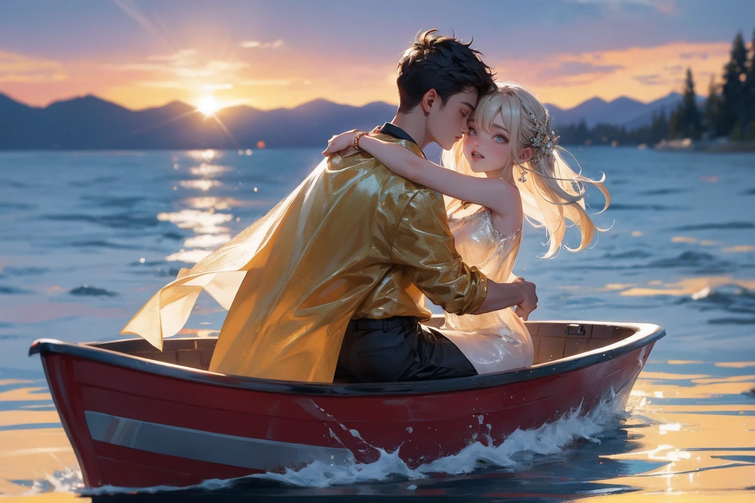 Golden pond，sunset，sparkling，Backlighting equipment for couple on boat:SonyA77(Standalone) [SONY（Sony）digital camera]  lens:70-300mm F4-5.6 SSM time:2017-09-24 17:37:02 Shutter:1/8000 aperture:F/6.3 focal length:300mm sensitivity:0  
