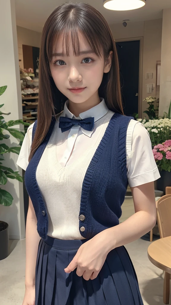 (masterpiece:1.2, highest quality), (realistic, photorealistic:1.4), beautiful illustrations, (natural side lighting, movie lighting), Depth of written boundary,
looking at the viewer, (face focus, Upper body), Front view, 1 girl, English, high school girl, 15 years old, perfect face, Cute symmetrical face, shiny skin,
(bob hair:1.7,blonde), asymmetrical bangs, Big eyes, droopy eyes, long eyelashes chest), thin,
beautiful hair, beautiful face, fine and beautiful eyes, beautiful clavicle, beautiful body, beautiful breasts, beautiful thighs, beautiful feet, beautiful fingers,
((fine fabric texture, brown knit vest, short sleeve white collar shirt, navy pleated skirt, Navy bow tie)),
(beautiful scenery), evening, (Inside the flower shop), Are standing, (smile, Upper grade, open your mouth), (((skirt lift, No panties, genitals visible)))
