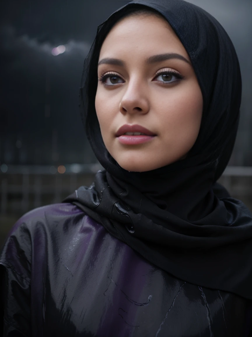 closeup of a woman's face in a black hijab, light violet eyes, raindrops, windy and rainy and stormy weather. Purple hazy brokenacrylic paint background with palette knife strokes. Dark fantasy. pasta. abstract expressionism, 8k UHD resolution, v4 aperture