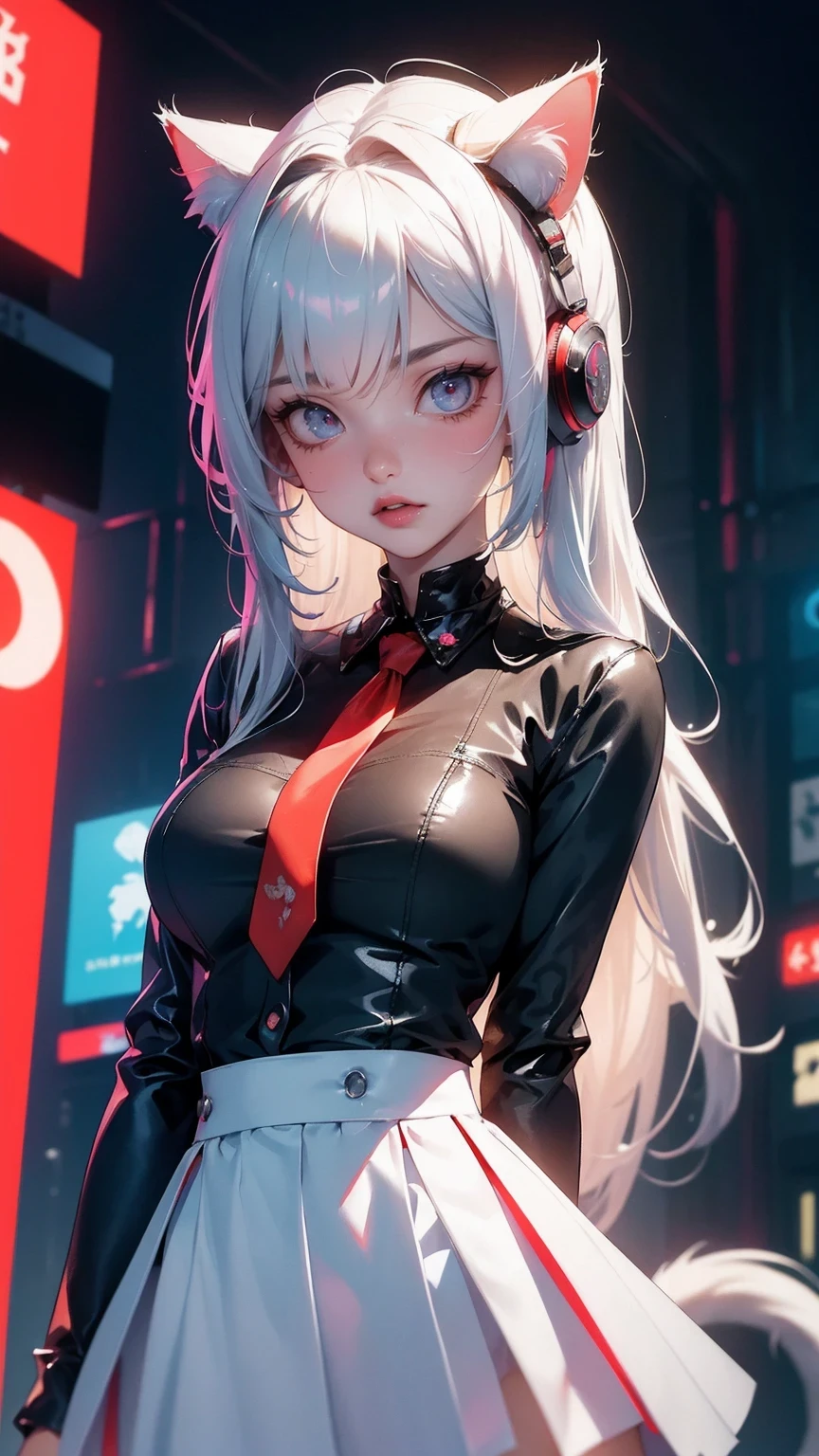 Cute Girl,(masterpiece:1.3), (8K、best quality:1.3), Highest image quality, intricate details, high resolution, depth field, Natural light, professional lighting, (1 girl), (solo), gravure, (Asian boyish 18 year old girl), (very beautiful:1.3), (very cute face:1.3), (Beautiful face with perfect symmetry), (high detail skin: 1.2), Photorealistic anime girl rendering, Realistic anime 3D style, beautiful platinum blonde hair, long hair, crossed bangs, asymmetrical bangs, eyelashes, intense red eyes, strong eye highlights, (awesome cat ears:1.3), (awesome cat tail:1.3), very big breasts, perfect anatomy, ((red ribbon tie, Japan High School Uniforms, dark blue long sleeve jacket, white shirt, navy blue flared skirt, mini skirt)), ((Camera angle looking up from the front and slightly below)), decorative choker, (sophisticated headphones), (metallic bra), (Jump big:1.2), it&#39;s raining, my body gets wet from the rain, Decadent and futuristic urban area in the evening, (cyberpunk city), (futuristic car, flashing red light), (lightning is shining), (Flashing blue and purple neon tubes), volume lighting, soft light, Bright colors, watercolor painting, bright colors, Create digital artwork in pop art style