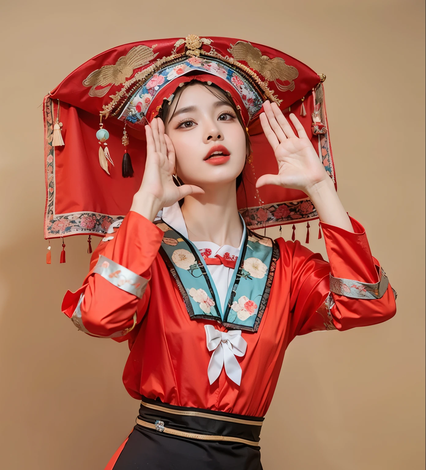 Woman in blue dress and red hat, traditional this costume, traditional Chinese clothing, traditional Chinese, Hanfu, traditional clothing, traditional clothing, traditional clothing, Wear authentic clothing, wearing chinese clothes, chinese woman, Matching Chinese clothing, Traditional clothing, Chinese style, traditional beauty, Inspired by Fu Miao, this costume