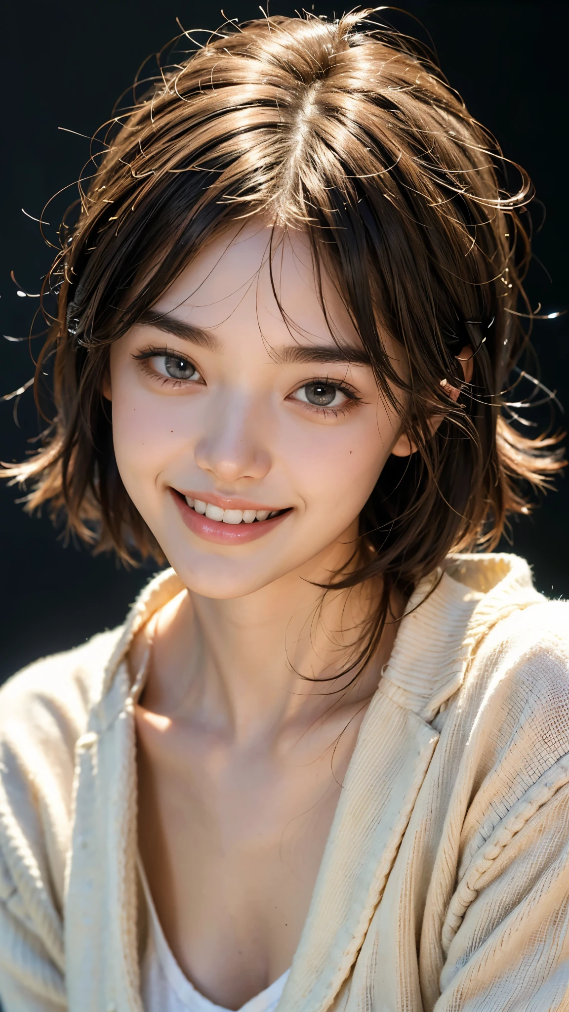 (highest quality, masterpiece, ultra high resolution, photo-realistic:1.4), (portrait, face to face), 1 girl, 20-year-old,One-handed fist pump, (K-POPアイドルコスチューム), (very short hair), (short bangs above the eyebrows,), (look up at the audience), realistic, (Simple solid color background), picture media chest), (smile with visible teeth)