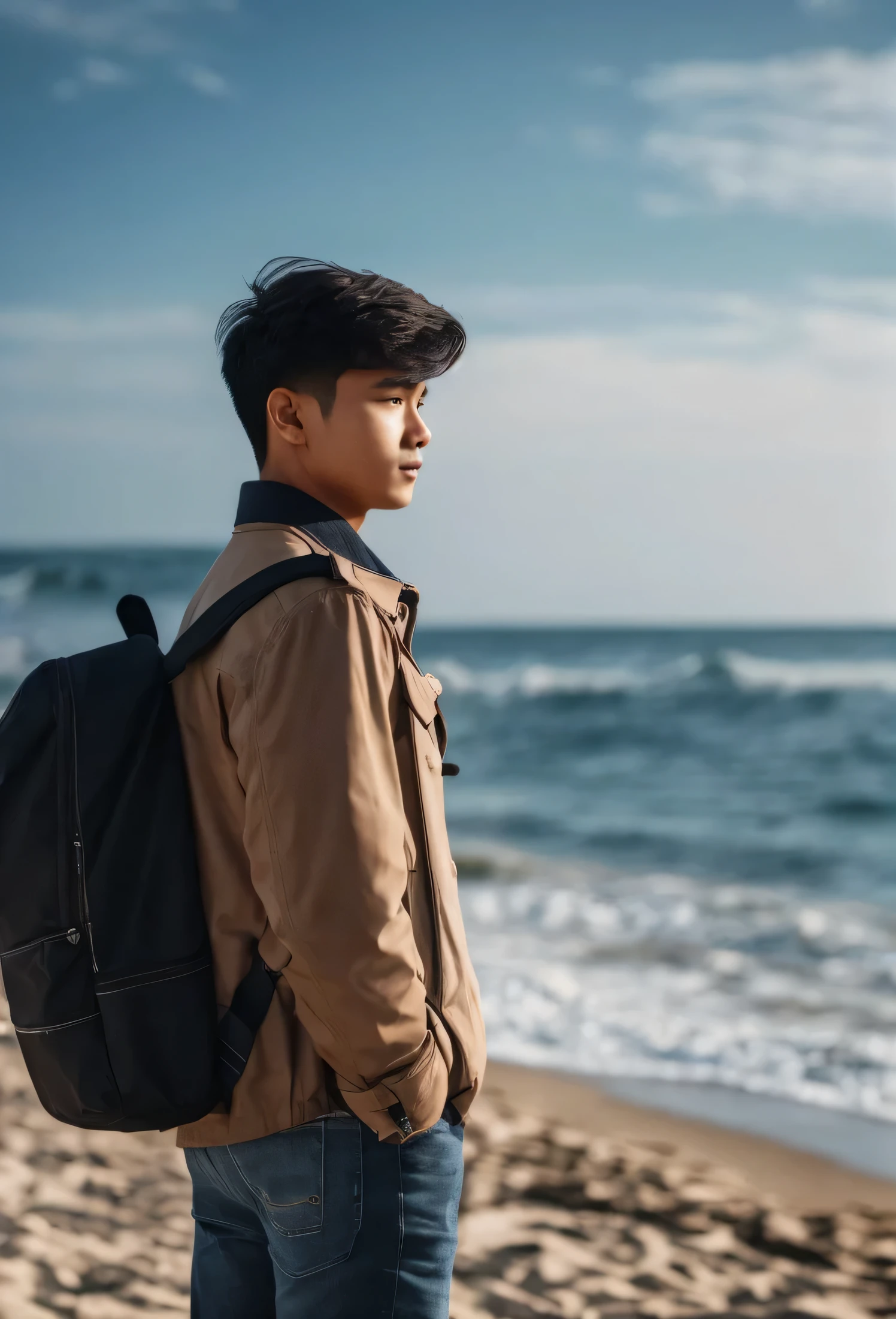 Realistic picture by long shoot angle, back view, Cinematic landcape, a smart indonesian smart teenager 17 years old with clean and bright skin, and brush up short hairstyle look like businessman, wearing a peacoat jacket, jeans and boots. Standing on seashore, with a backpack, handsome pose, Professional photography, light behind him by sun, bokeh full background with a beautiful waves beach in the distance, beautiful sea, sharp gaze looking at the camera with daydream.