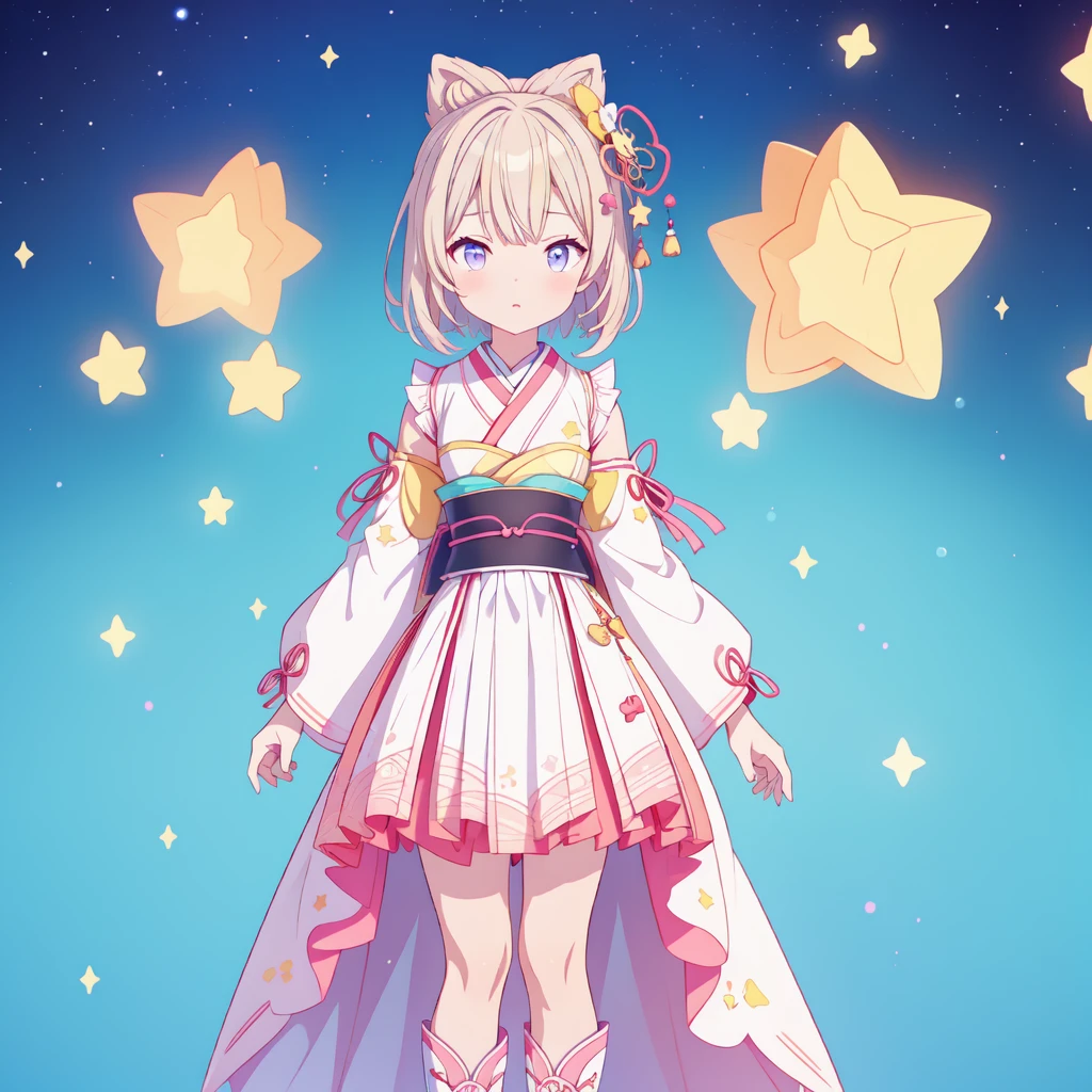 1girl、vtuber-fullbody、Star Fairy、masterpiece、official art、Super detailed、super beautiful、かわいいStar Fairy、white straight short hair、Milky Way、universe、star charm、star、baby face、Knee-high boots、Japanese pattern dress、A beautiful girl wearing black and white clothes that are a remake of a yukata.、universeを思わせるOiranフリルドレス、Oiran