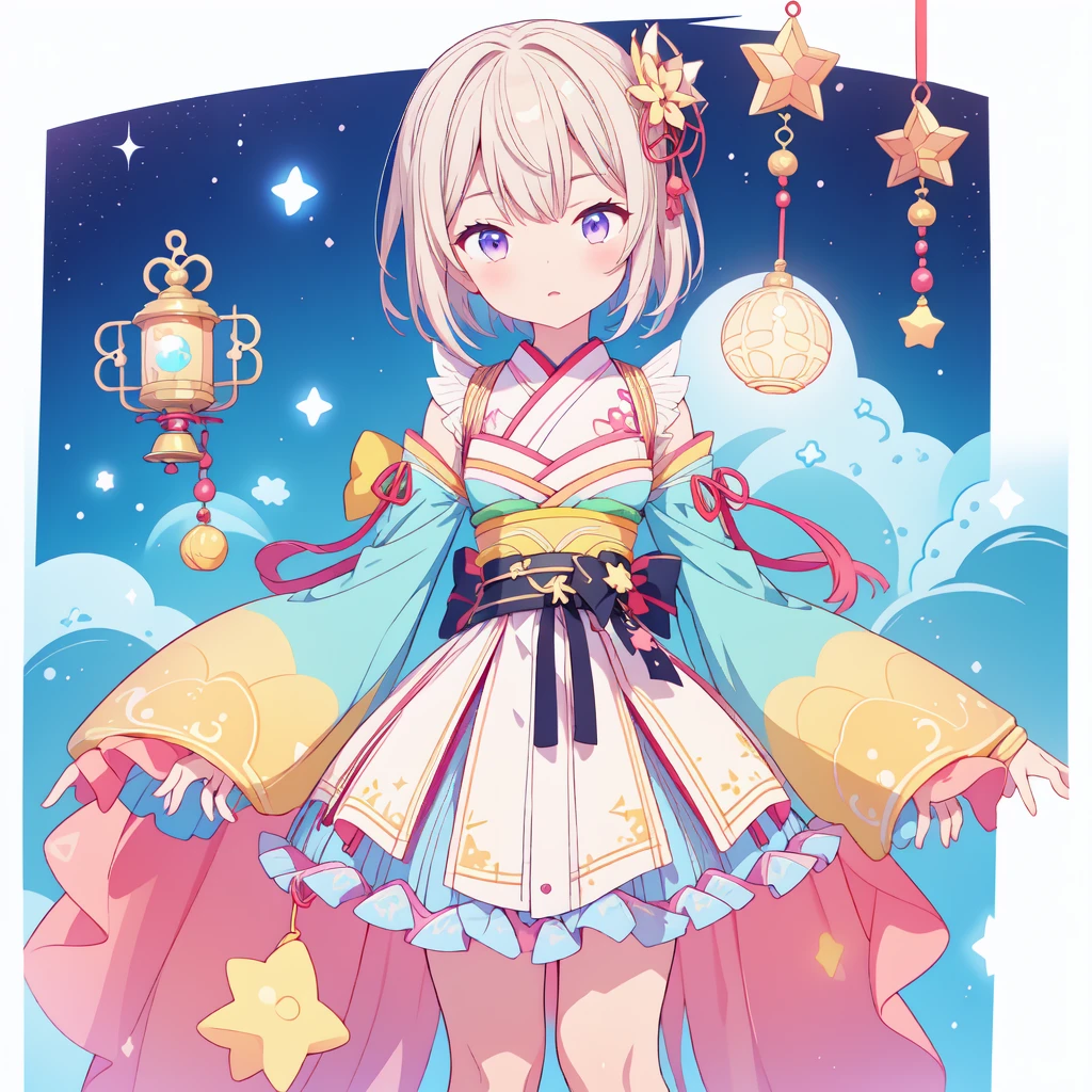 1girl、vtuber-fullbody、Star Fairy、masterpiece、official art、Super detailed、super beautiful、かわいいStar Fairy、white straight short hair、Milky Way、universe、star charm、star、baby face、Knee-high boots、Japanese pattern dress、A beautiful girl wearing black and white clothes that are a remake of a yukata.、universeを思わせるOiranフリルドレス、Oiran