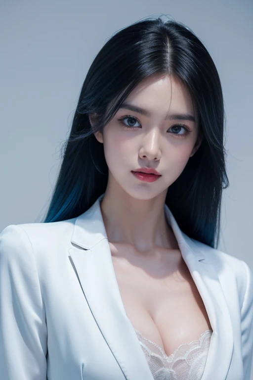 tmasterpiece,Best quality,A high resolution,8K,(sportrait),(avatar close up),(RAW photos),real photograph,digital photography,(Female president),( Professional women),20 year old girl,random hair style,red eyelack and blue gradient hair),Serious and obsessed,Cleavage, accessories,Keep your mouth shut,elegant and charming,Serious and arrogant,Calm and handsome,(White women's business attire),Photo pose,Realisticstyle,gray world background,oc render reflection texture
