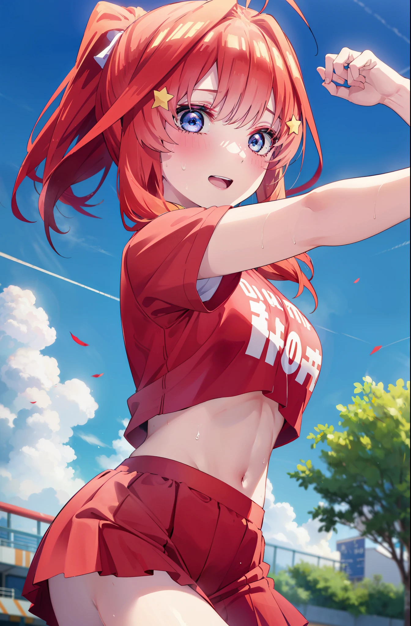 Satsuki Nakano, Itsuki Nakano, pom pomを両手で持っている,blush,open your mouth,smile,bangs, blue eyes, hair between eyes, Ahoge, redhead, star \(symbol\), hair ornaments, star hair ornaments,Braid,(Very delicate eyes), (Cheerleader), (whole body), big breasts, lower, (sweaty), sweaty Wet Clothes, (Red clothes), , navel support, playground, (jump), (jump), 足を曲げてjumpする, air, blue sky, Grass原, smileのCheerleader, pom pom \(Cheerleader\), Grass, 
break looking at viewer, Upper body, whole body,　　　　　　　　　　　break outdoors, big arena(The visitor is),playground,
break (masterpiece:1.2), highest quality, High resolution, unity 8k wallpaper, (shape:0.8), (beautiful and detailed eyes:1.6), highly detailed face, perfect lighting, Very detailed CG, (perfect hands, perfect anatomy),