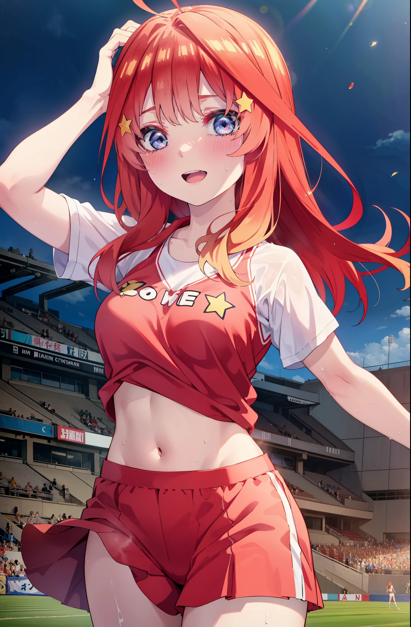 itsukinakano, itsuki nakano, bangs, blue eyes, hair between eyes, Ahoge, redhead, star \(symbol\), happy smile, smile, open your mouth,hair ornaments, star hair ornaments,(cheer leading), (whole body), big breasts, lower, (sweaty), sweaty Wet Clothes (red clothes),  Navel support, playground, (jump), (jump), 足を曲げてjumpする, air, blue sky, Grass原, Smiling Cheerleader, pom pom \(cheer leading\), Grass, 
break outdoors, stadium,
break looking at viewer, (cowboy shot:1.5),
break (masterpiece:1.2), highest quality, High resolution, unity 8k wallpaper, (figure:0.8), (detailed and beautiful eyes:1.6), highly detailed face, perfect lighting, Very detailed CG, (perfect hands, perfect anatomy),