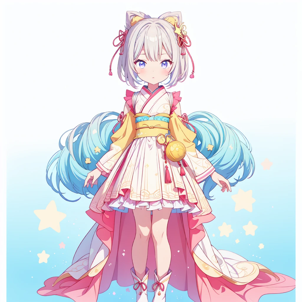 1girl、vtuber-fullbody、Star Fairy、masterpiece、official art、Super detailed、super beautiful、かわいいStar Fairy、white straight short hair、Milky Way、universe、star charm、star、、Knee-high boots、Japanese pattern dress、A beautiful girl wearing black and white clothes that are a remake of a yukata.、universeを思わせるOiranフリルドレス、Oiran