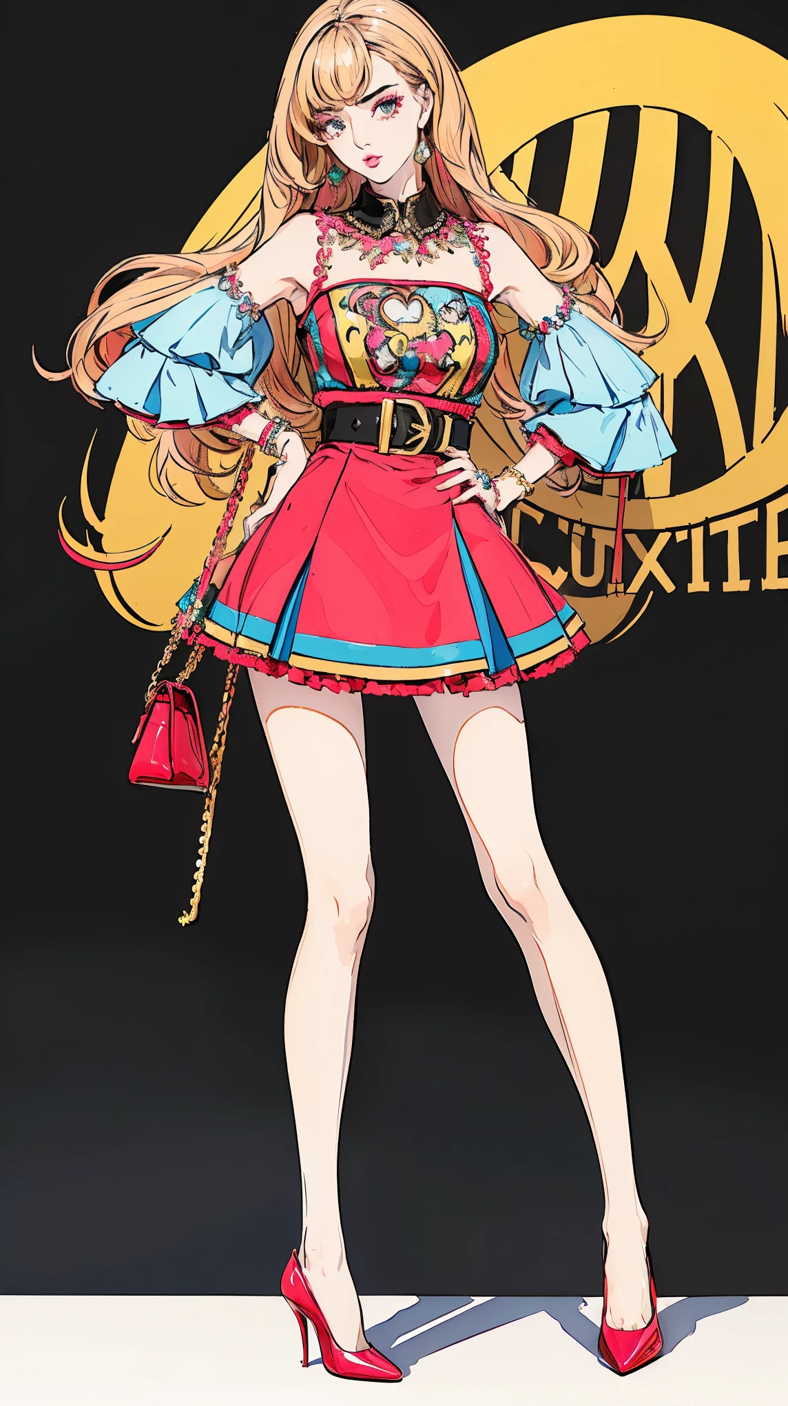 ((best quality,4k,highres,masterpiece:1.2)),((character concept art)), 1 female, age 18. Known for her Barbie-like looks and innovative designs, Lily embodies the role of a young and vibrant fashion designer. Her body language is as captivating as her personality, always exuding confidence and creativity. (((She's wearing a vibrant Moschino Couture Mini Dress, paired with colorful Christian Louboutin So Kate Pumps.))) Her accessories include a playful Chanel Rainbow Boy Bag, a pair of oversized Gucci Crystal Embellished Sunglasses, and a set of stacked rainbow bangles, enhancing her overall look. ((intricate detail)), super finely detailed hands, ultra finely detailed fingers(((ten fingers))), (standing confidently), (full body showcase), (show full body), (no logos on background), (no logo), ((plain background)), ((plain background)), (((empty background))).