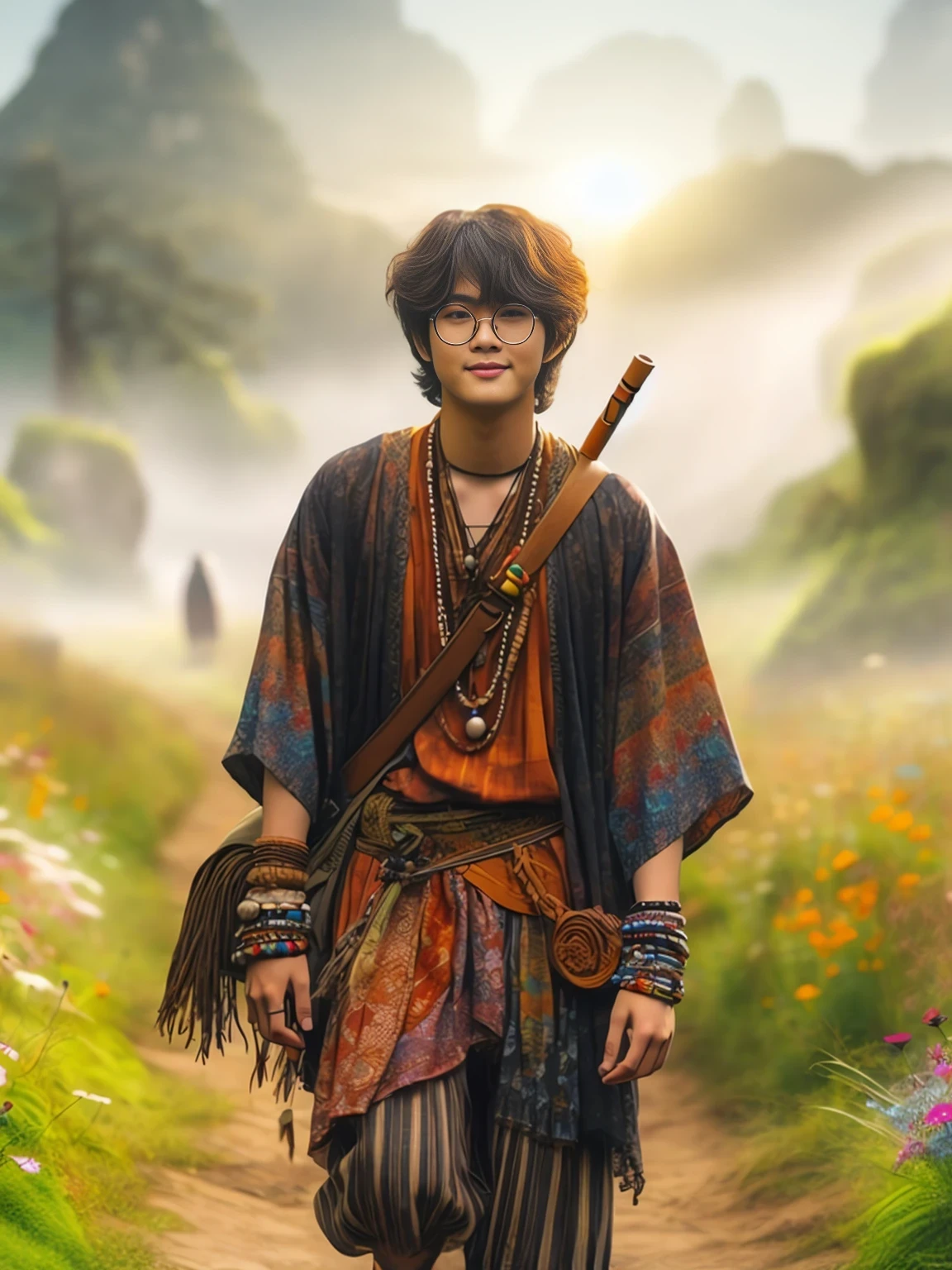 there is a man walking down a path with a stick, fantasy character photo, japanese live-action movie, still from a fantasy movie, inspired by Yang Borun, portrait shot, inspired by Yoshihiko Wada, realistic fantasy render, matte painting portrait shot, inspired by Yang Jin, akira from chinese mythology, movie promotional image, beautiful avatar pictures