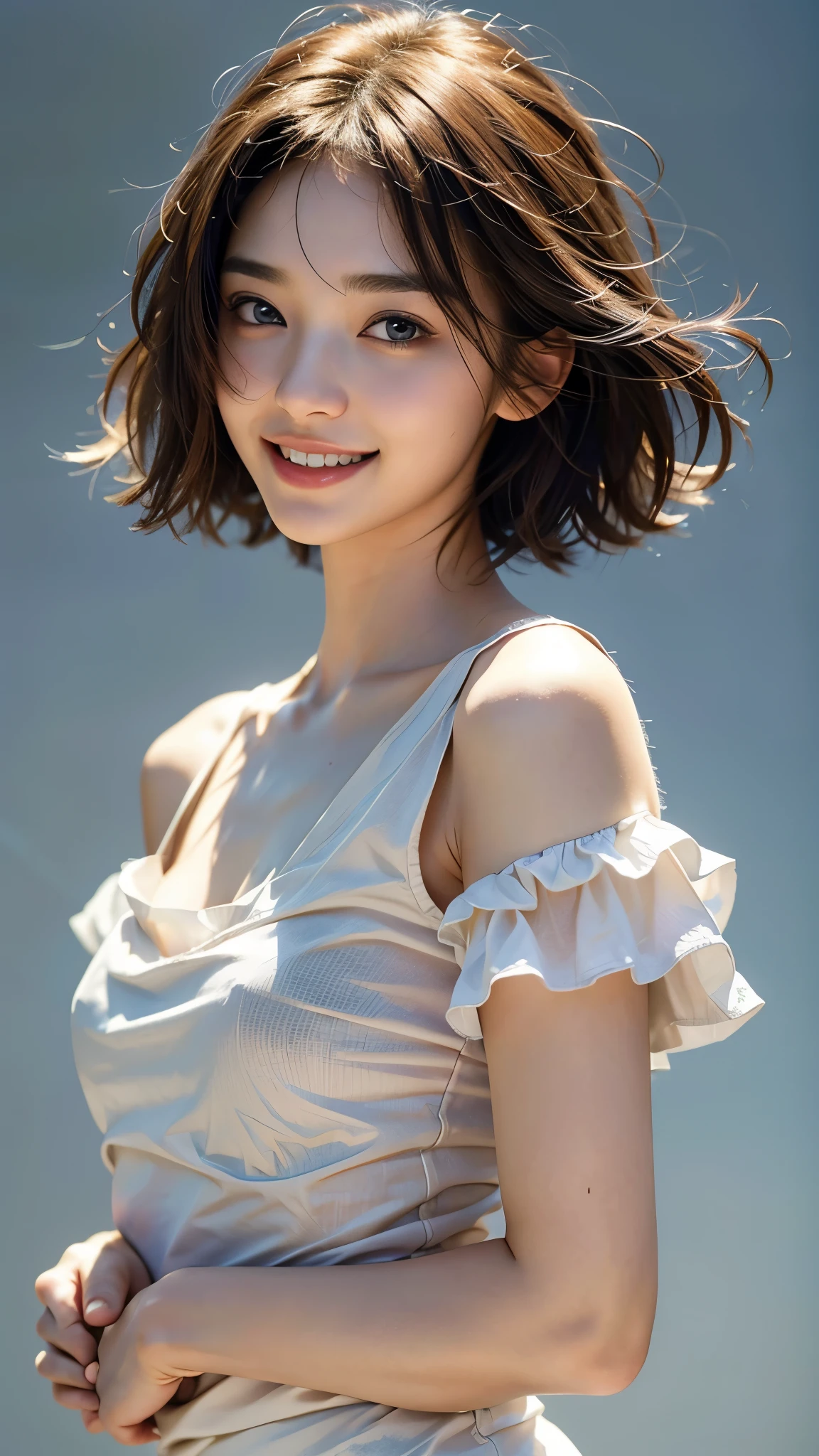 (highest quality, masterpiece, ultra high resolution, photo-realistic:1.4), (portrait, face to face), 1 girl, 20-year-old,Raise your arms and clench your fists, (K-POPアイドルコスチューム), (very short hair), (short bangs above the eyebrows,), (look up at the audience), realistic, (Simple solid color background), picture media chest), (smile with visible teeth)