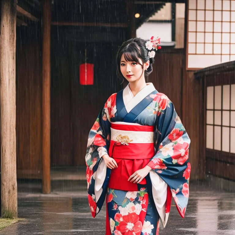 araffe dressed in traditional japanese dress walking in the rain, traditional geisha costume, elegant japanese woman, japanese woman, japanese kimono, traditional japanese, japanese geisha, traditional japanese colors, inspired by Itō Shinsui, wearing a kimono, Works inspired by Sesshu Toyo, Inspired by Shoen Uemura