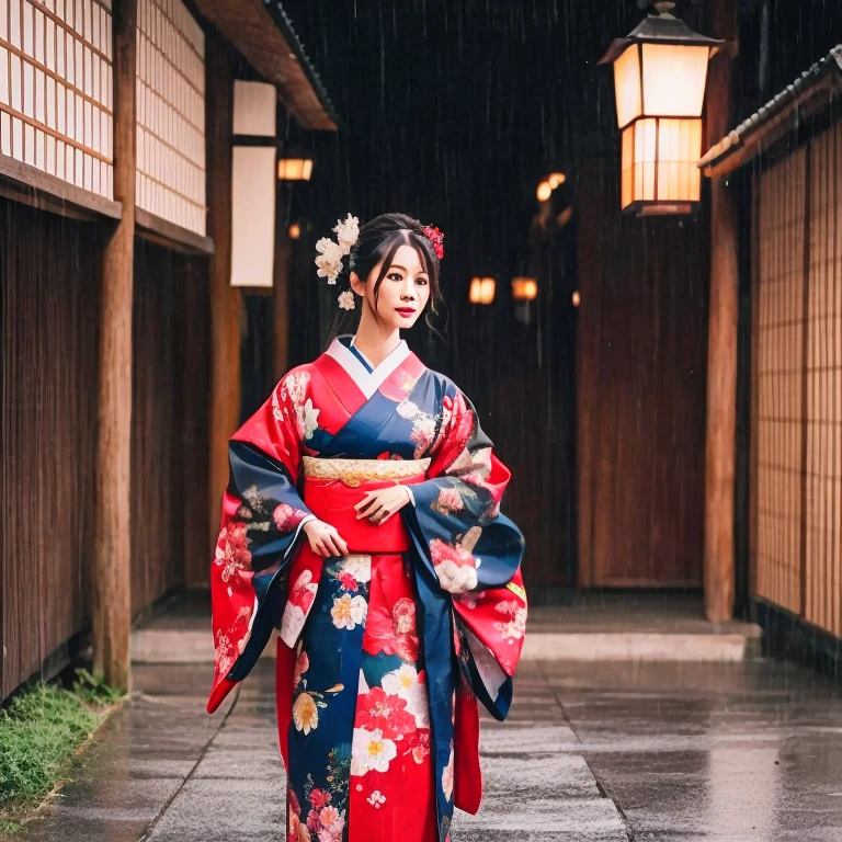 araffe dressed in traditional japanese dress walking in the rain, traditional geisha costume, elegant japanese woman, japanese woman, japanese kimono, traditional japanese, japanese geisha, traditional japanese colors, inspired by Itō Shinsui, wearing a kimono, Works inspired by Sesshu Toyo, Inspired by Shoen Uemura