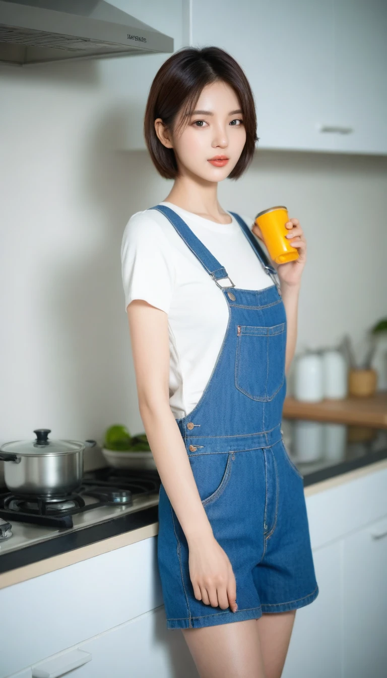 araffe woman in overalls standing in a kitchen with a pot on the stove, with short hair, gorgeous chinese model, photo of slim girl model, gorgeous young korean woman, in the kitchen, beautiful south korean woman, photo of slim girl, casual pose, japanese model, 2 4 year old female model, beautiful young korean woman, shot on nikon z9