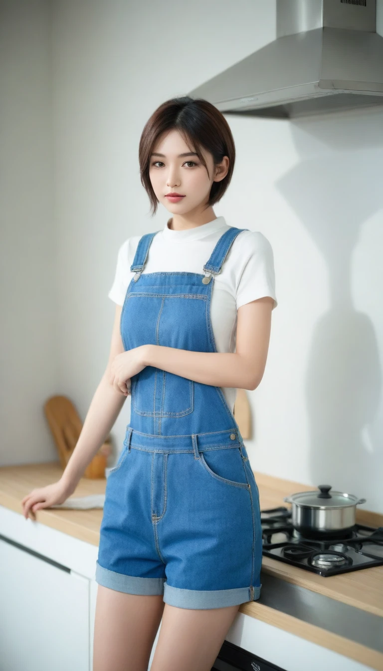 araffe woman in overalls standing in a kitchen with a pot on the stove, with short hair, gorgeous chinese model, photo of slim girl model, gorgeous young korean woman, in the kitchen, beautiful south korean woman, photo of slim girl, casual pose, japanese model, 2 4 year old female model, beautiful young korean woman, shot on nikon z9