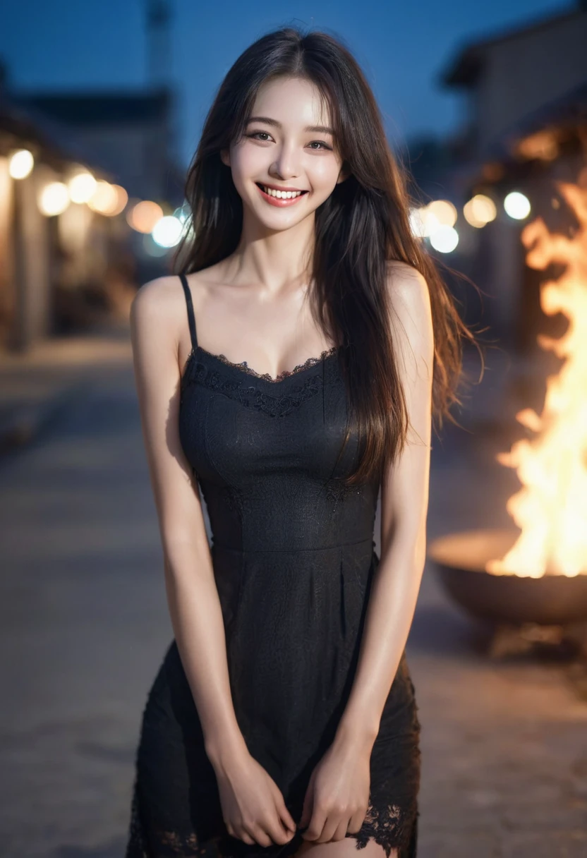 alien pictures,1 girl,alone,smile,long hair,black hair,looking at the viewer,realistic,blurry,blurry background,teeth,black eye,fire,watermark,grin and laugh,Upper body,brown eyes,messy hair,lips,open your mouth,web address,brown hair,bare shoulders,dress,night,outdoor