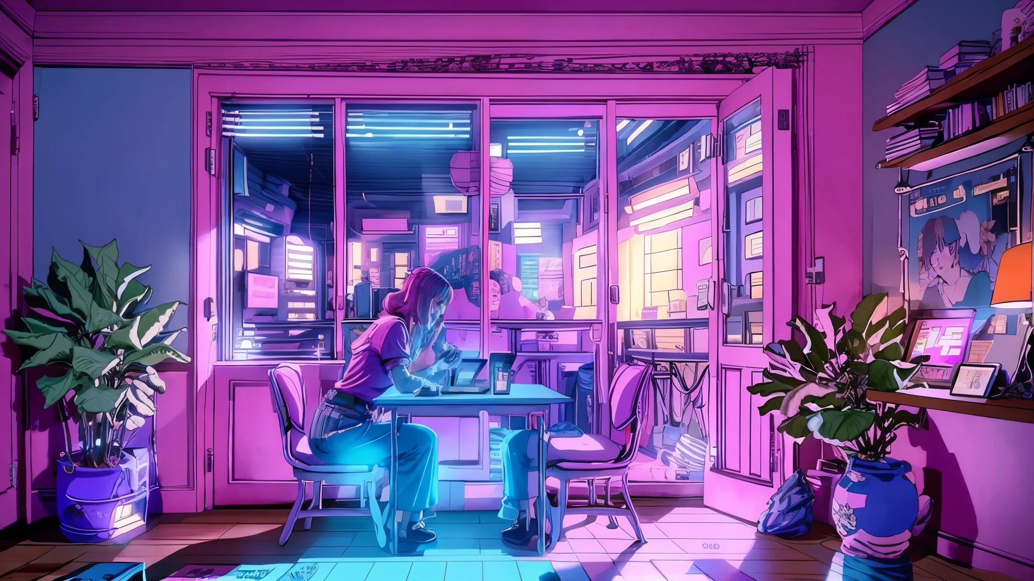 Girls are traders, pink theme, style anime, Computer, living room, in the Computer screen is chart stock night light , (very detailed:1.2), (warm light:1.2), table top, surreal,32k, very detailed CG Unity 8K 壁紙, highest quality  (table top,highest quality:1.5)